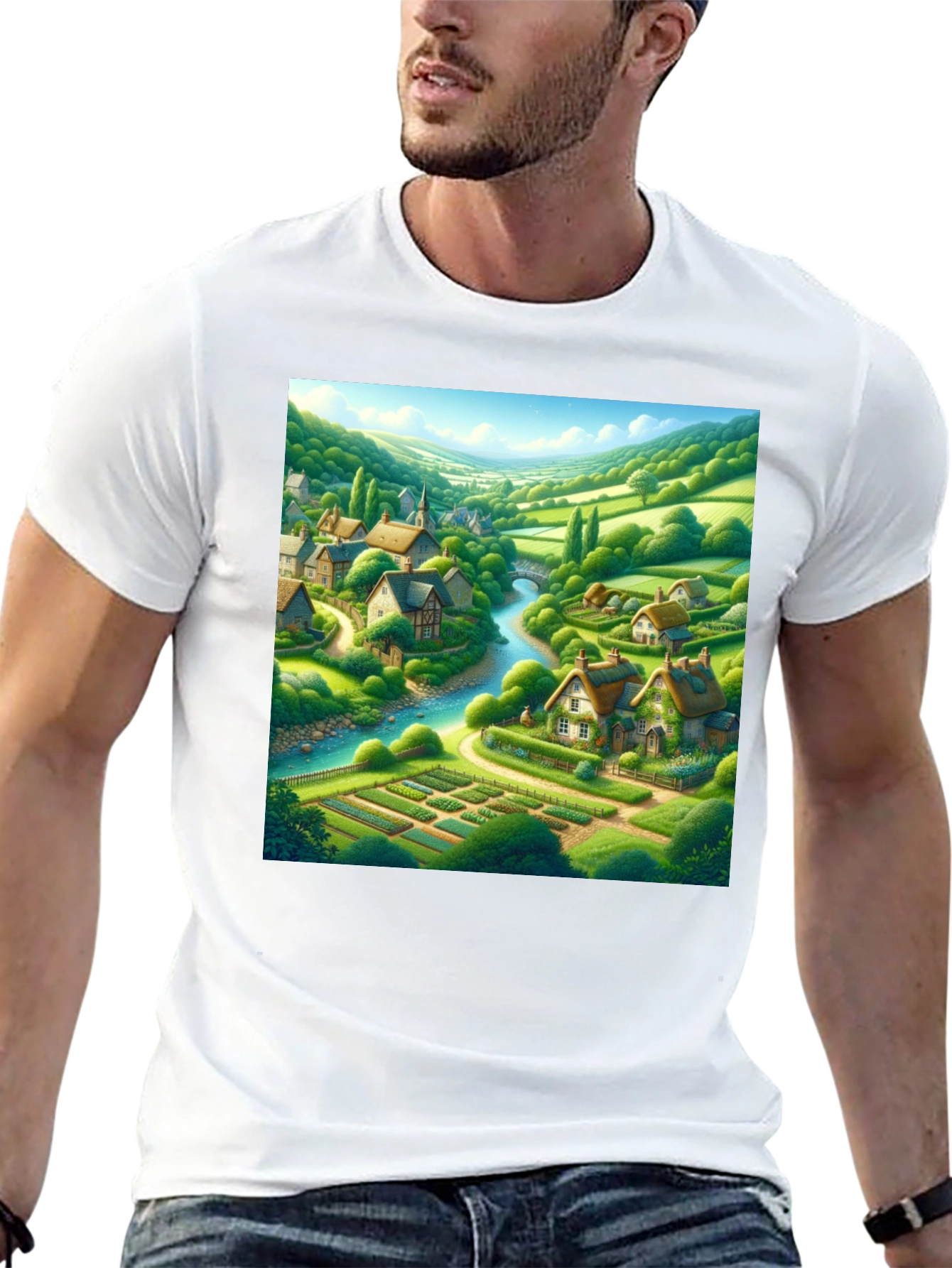 Black Quaint Village T-Shirt - Scenic Landscape Tee view 13