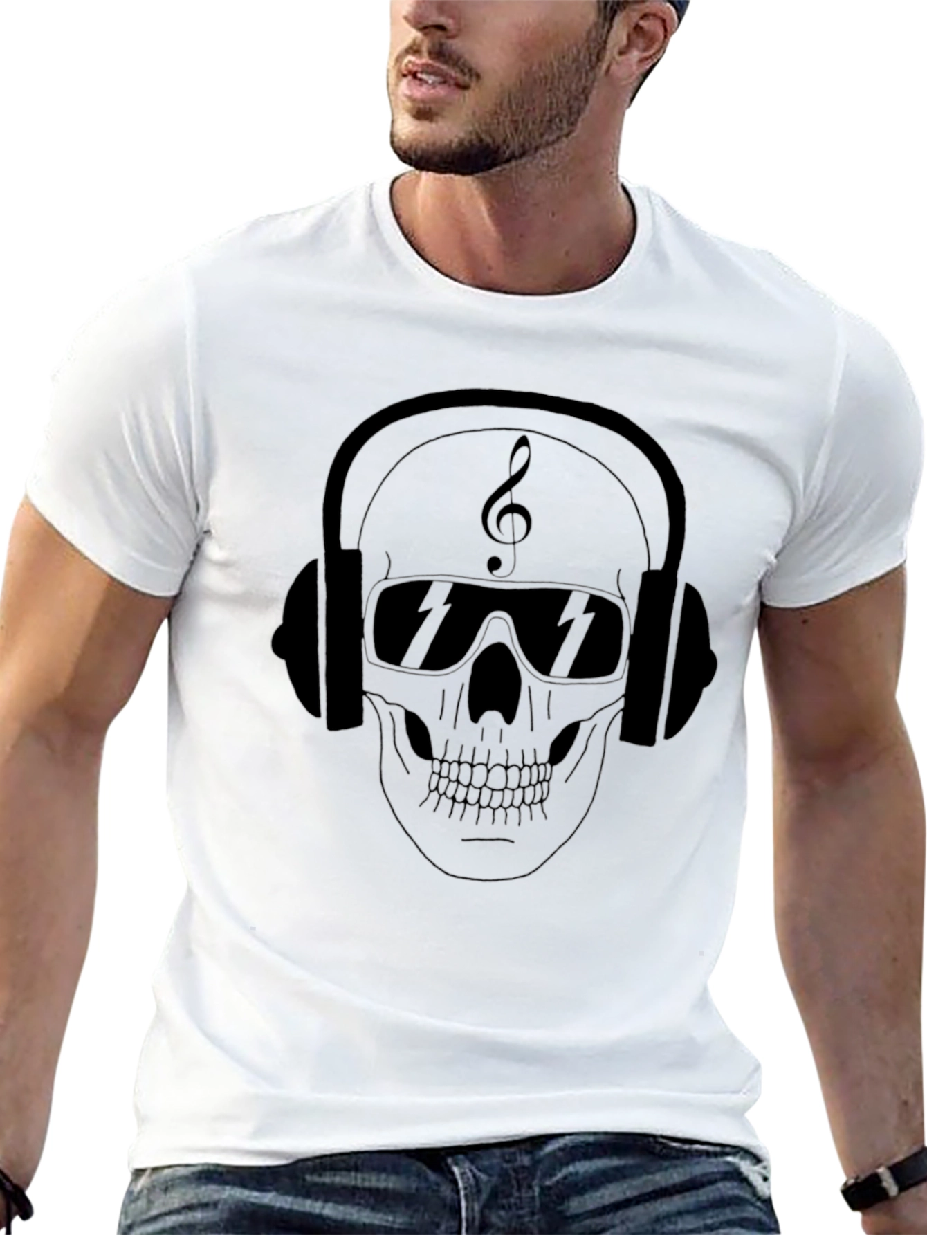 Black Skull with Headphones Graphic Tee view 13