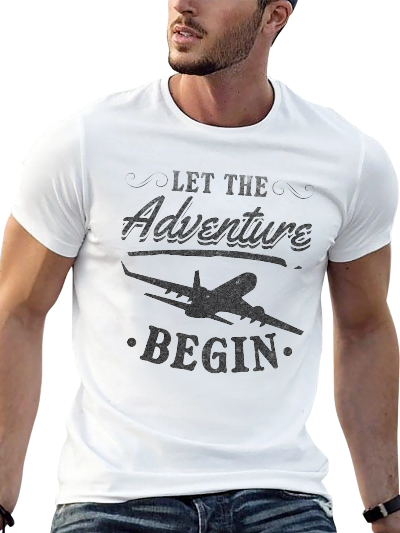 Black Adventure Begins Tee - Airplane Graphic Black T-Shirt view 13