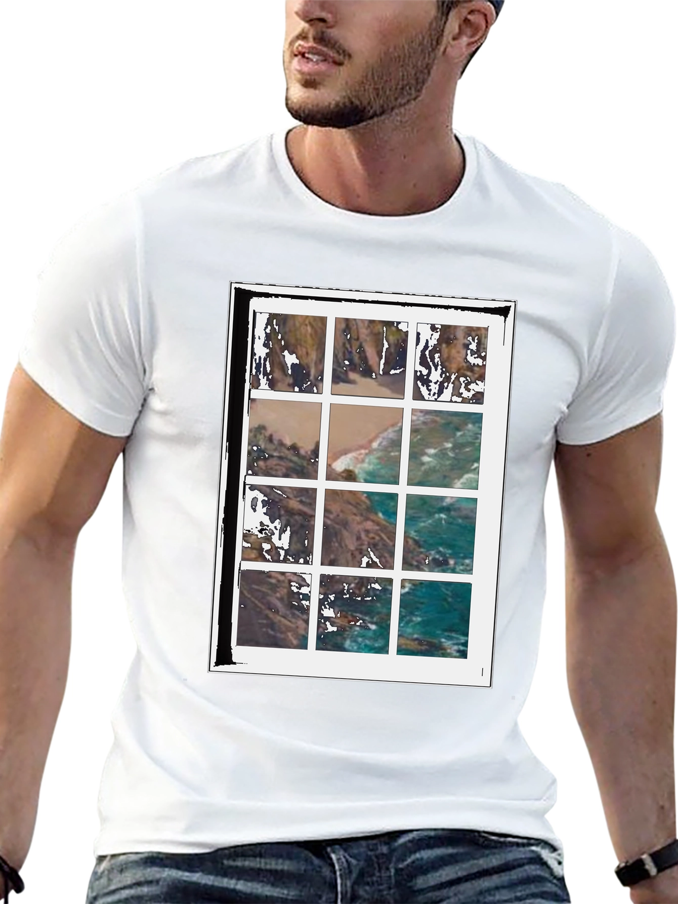 Black Coastal View Grid Print Black T-Shirt view 13