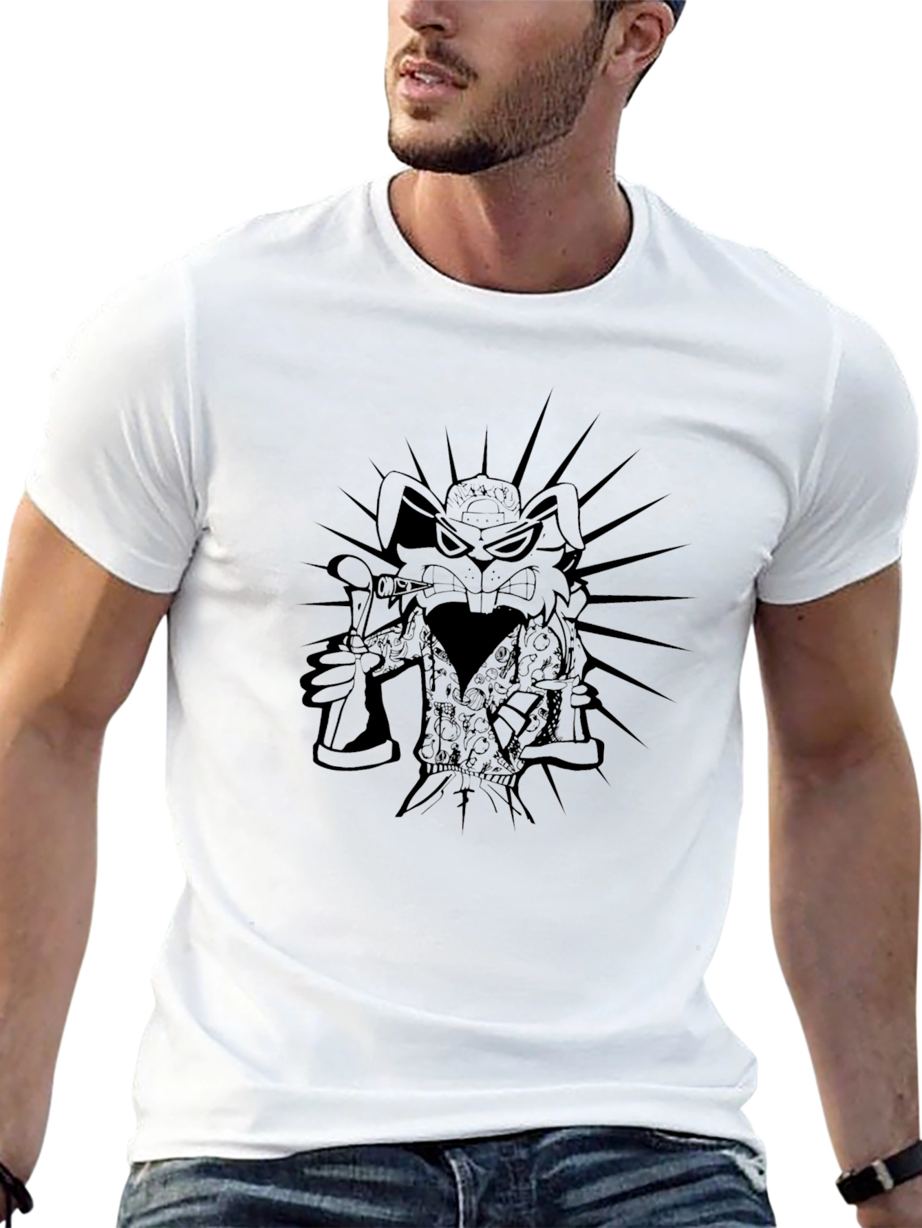 Black Men's Black Graphic T-Shirt - Cartoon Rabbit Design view 13