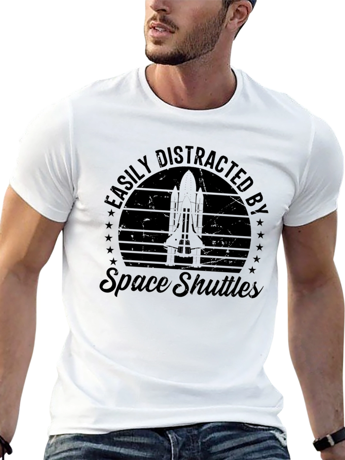 Black Easily Distracted by Space Shuttles T-Shirt view 13