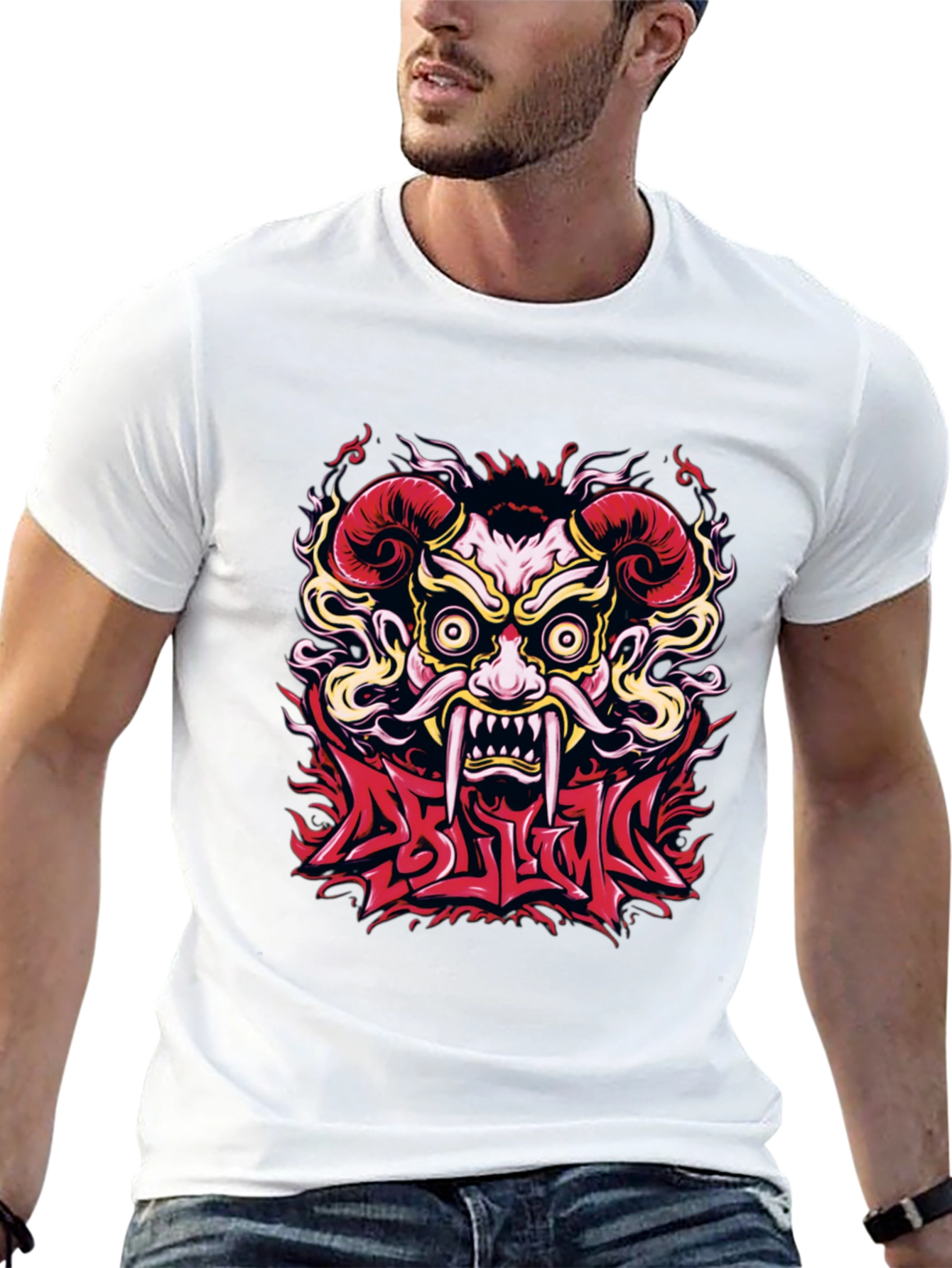 Black  Oni Mask Graphic T-Shirt - Bold Design view 13