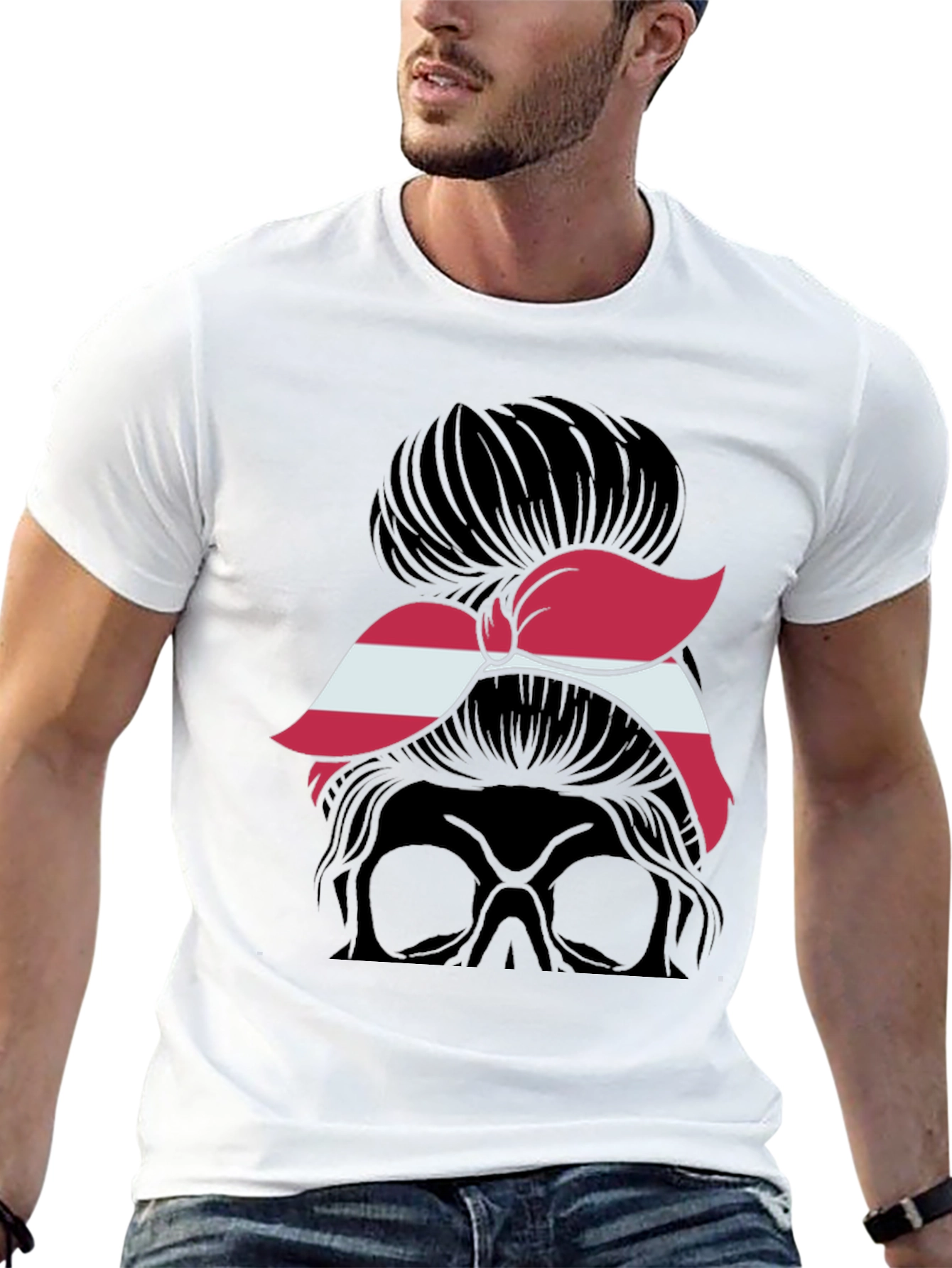 Black Messy Bun Skull Latvia Flag T-Shirt view 13