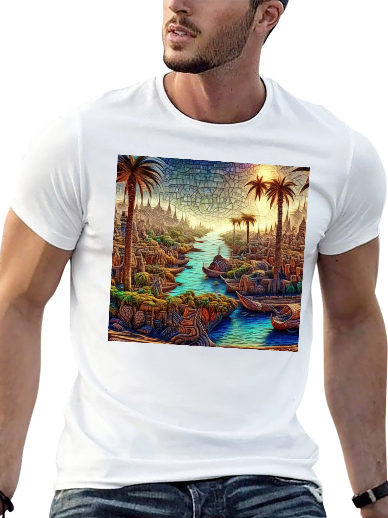 Black Tropical Mosaic Art Tee - Men's Black T-Shirt view 13
