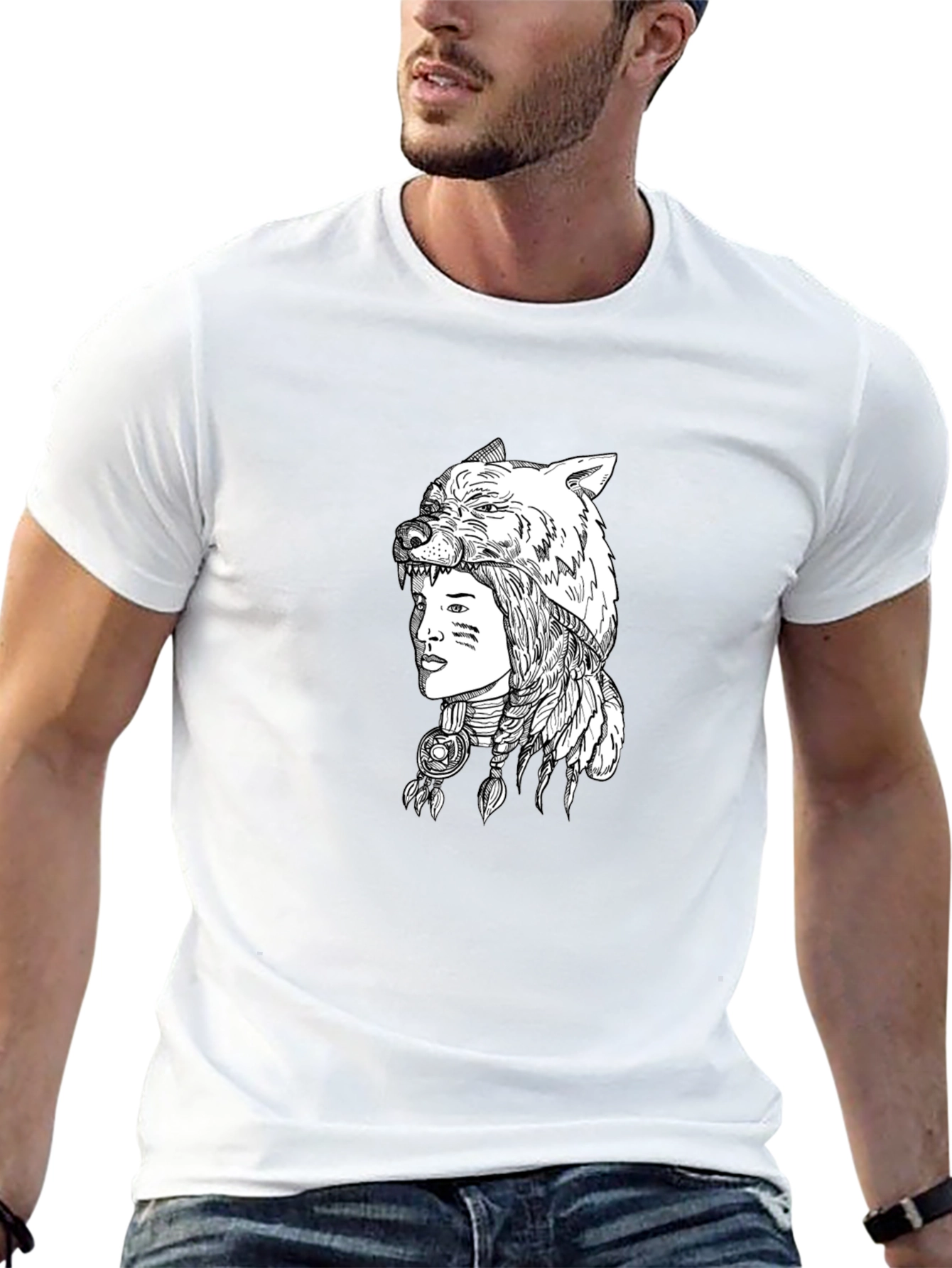 Black Native American Wolf Headdress Graphic Tee view 13