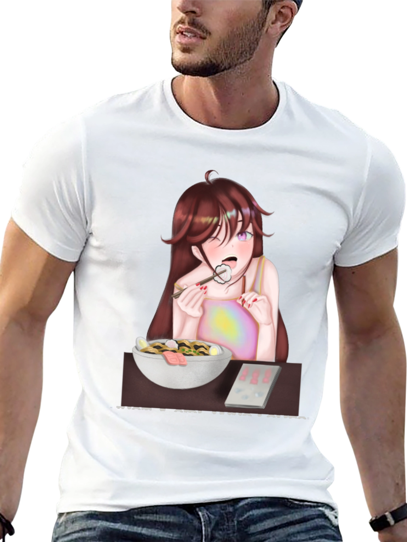 Black Anime Girl Eating Ramen T-Shirt view 13