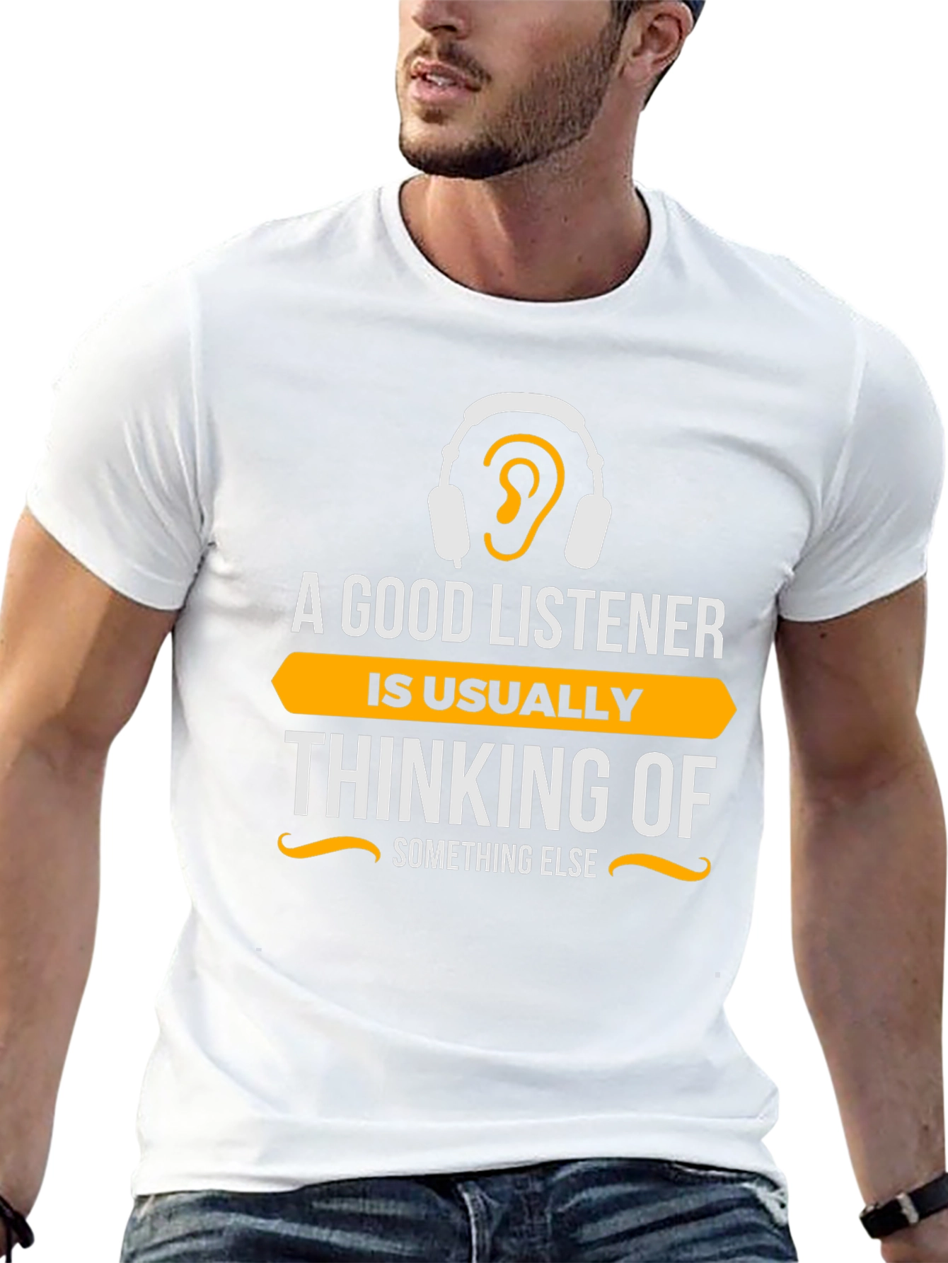 Black Funny Listener T-Shirt - "Thinking of Something Else" view 13