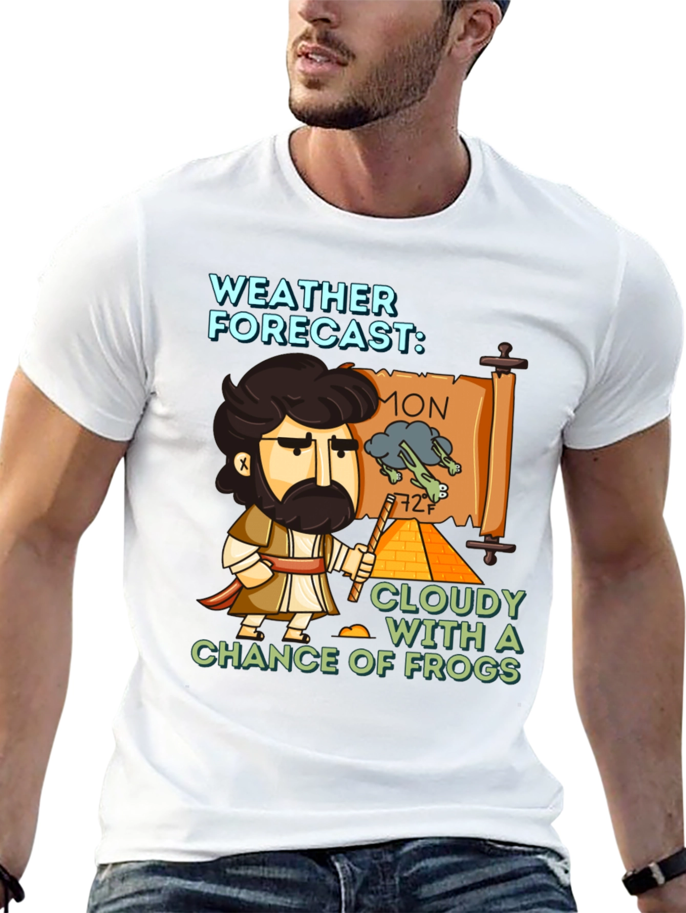 Black Funny Weather Forecast Cloudy Chance of Frogs T-Shirt view 13