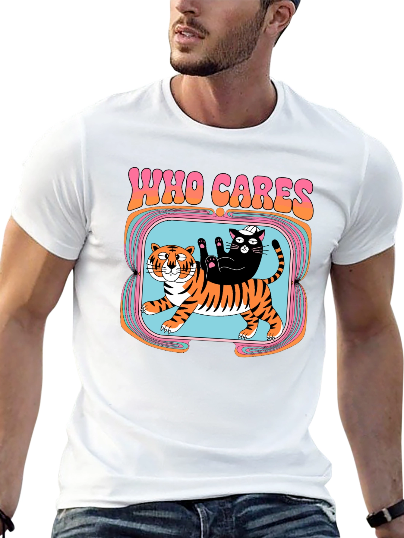 Black Who Cares Cat & Tiger Graphic Tee - Black view 13