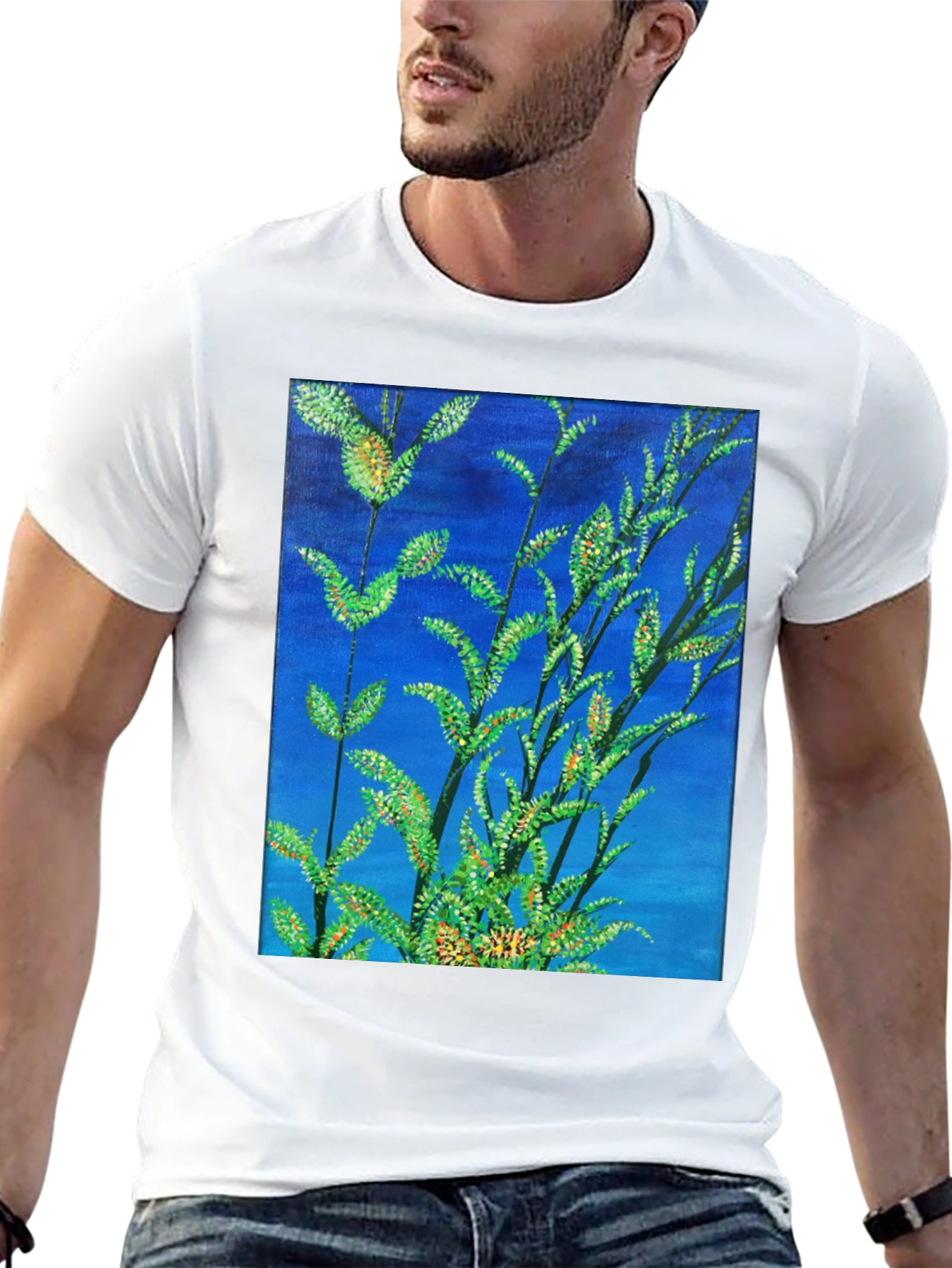 Black Botanical Blue T-Shirt - Vivid Nature Art Tee view 13