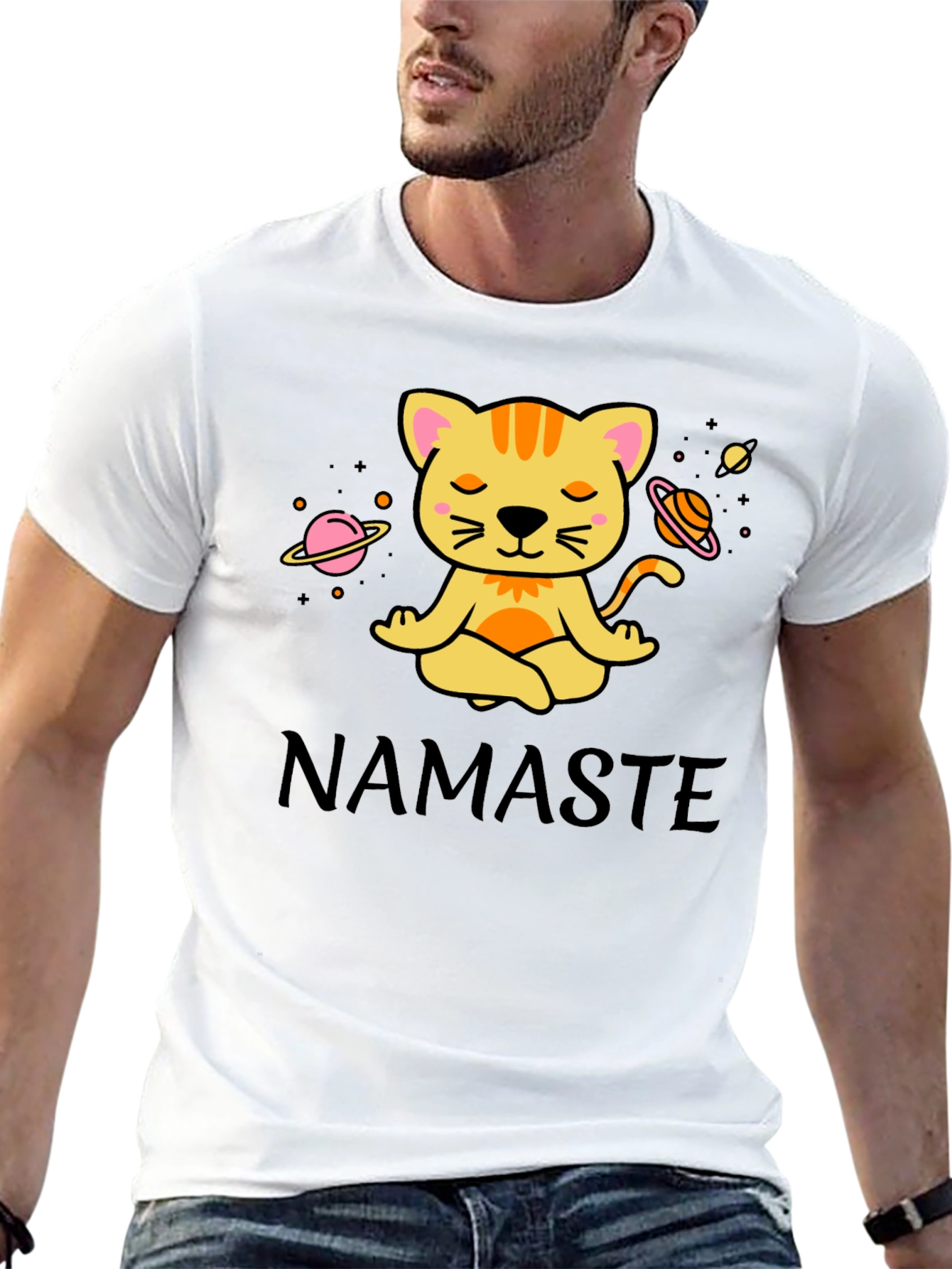 Black Namaste Cat Space Meditation T-Shirt view 13