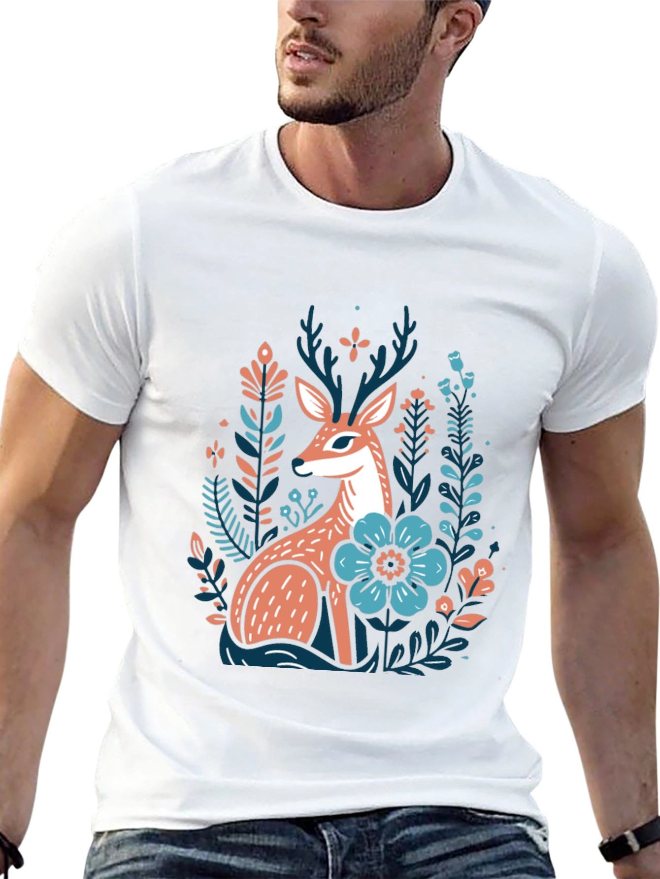 Black Deer & Floral Graphic Tee - Nature Inspired Black T-Shirt view 13