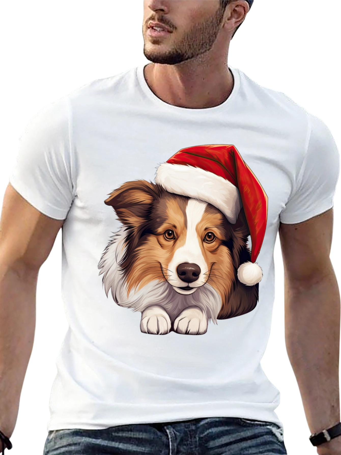 Black Festive Dog T-Shirt: Holiday Collie in Santa Hat view 13