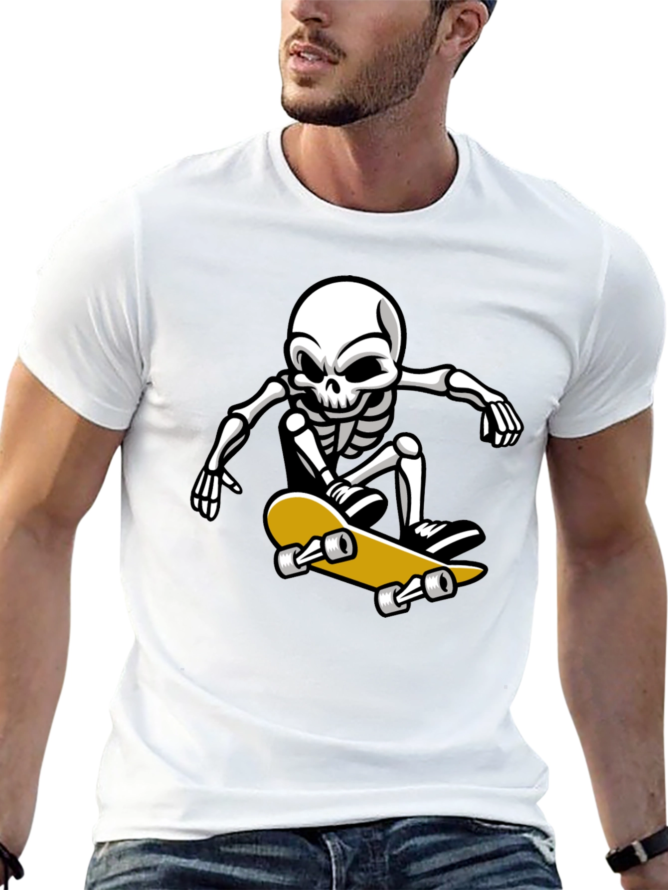 Black Cool Skeleton Skateboarder Graphic T-Shirt view 13