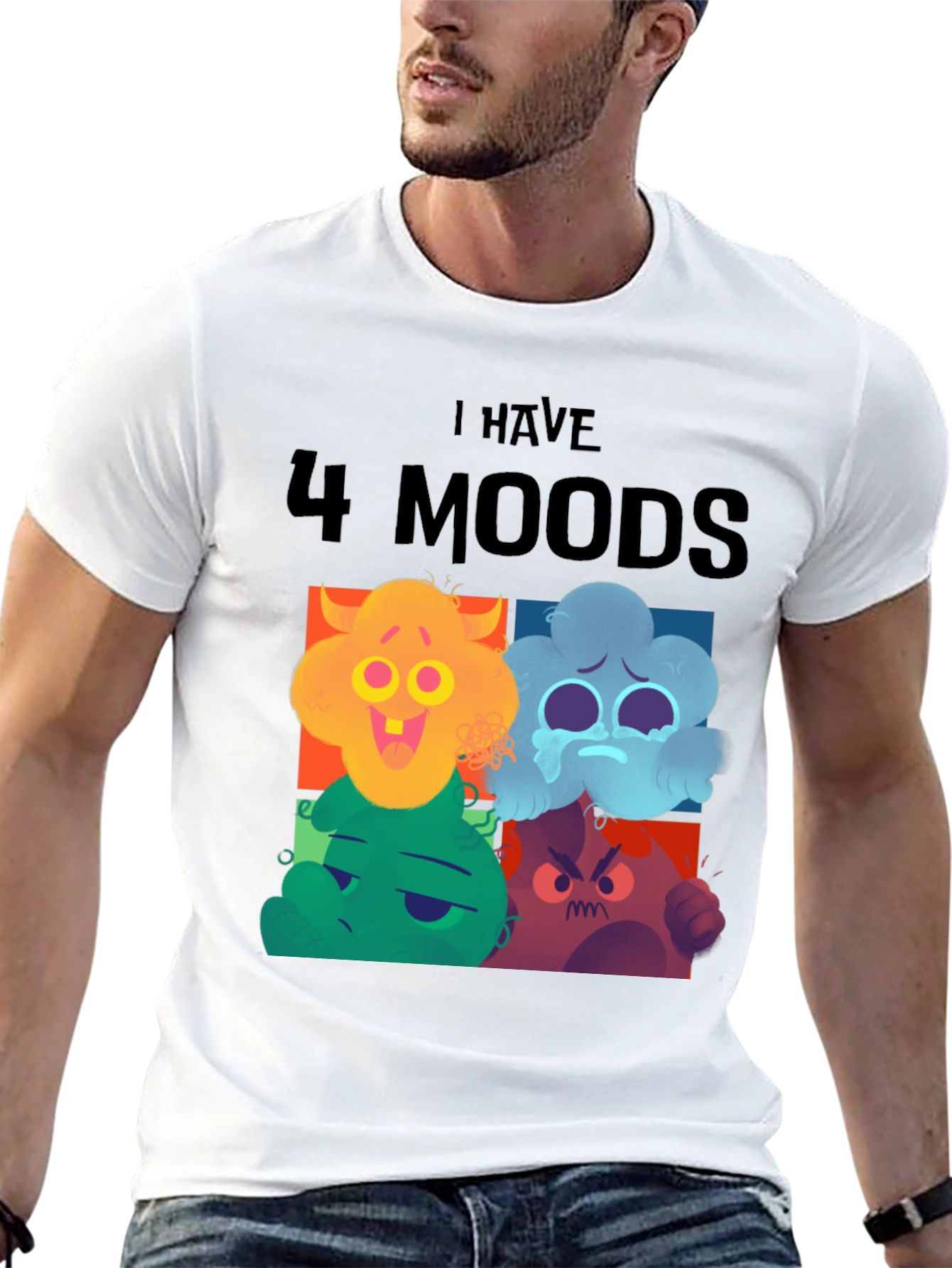 Black 4 Moods T-Shirt, Funny Faces, Black Tee, Casual Wear view 13
