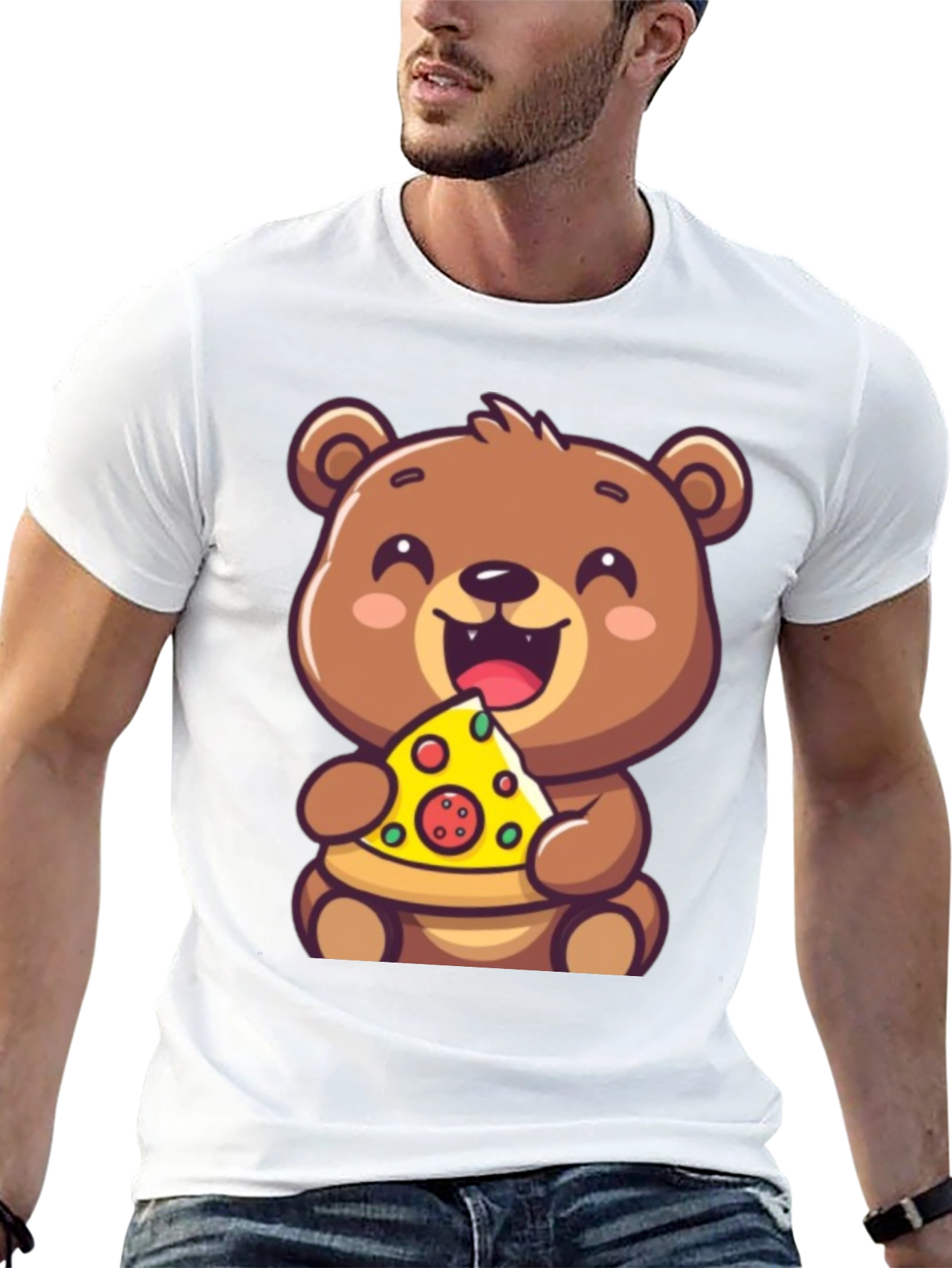 Black Cute Bear Eating Pizza Graphic Tee - Fun & Playful view 13