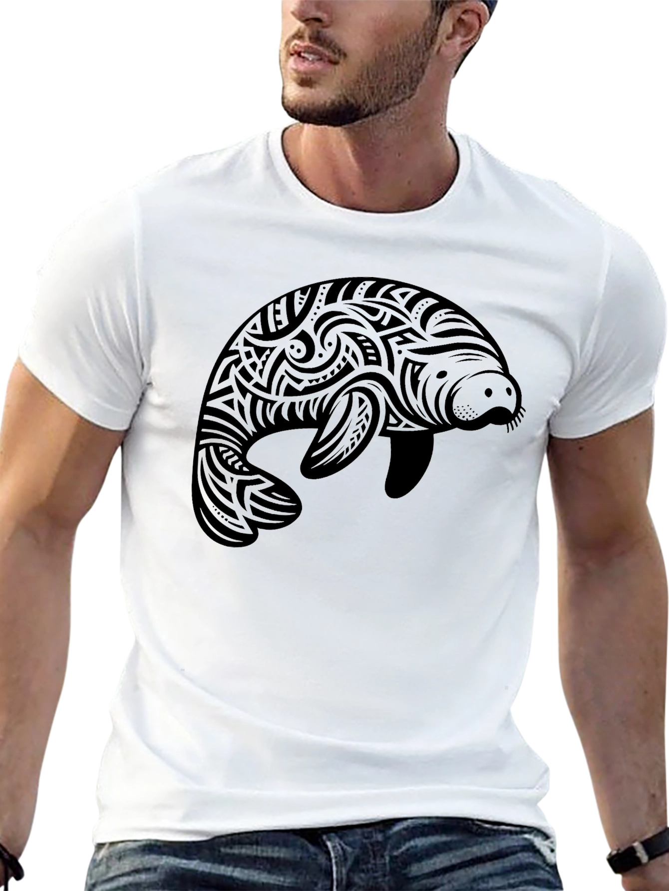 Black Tribal Manatee Graphic T-Shirt - Black view 13
