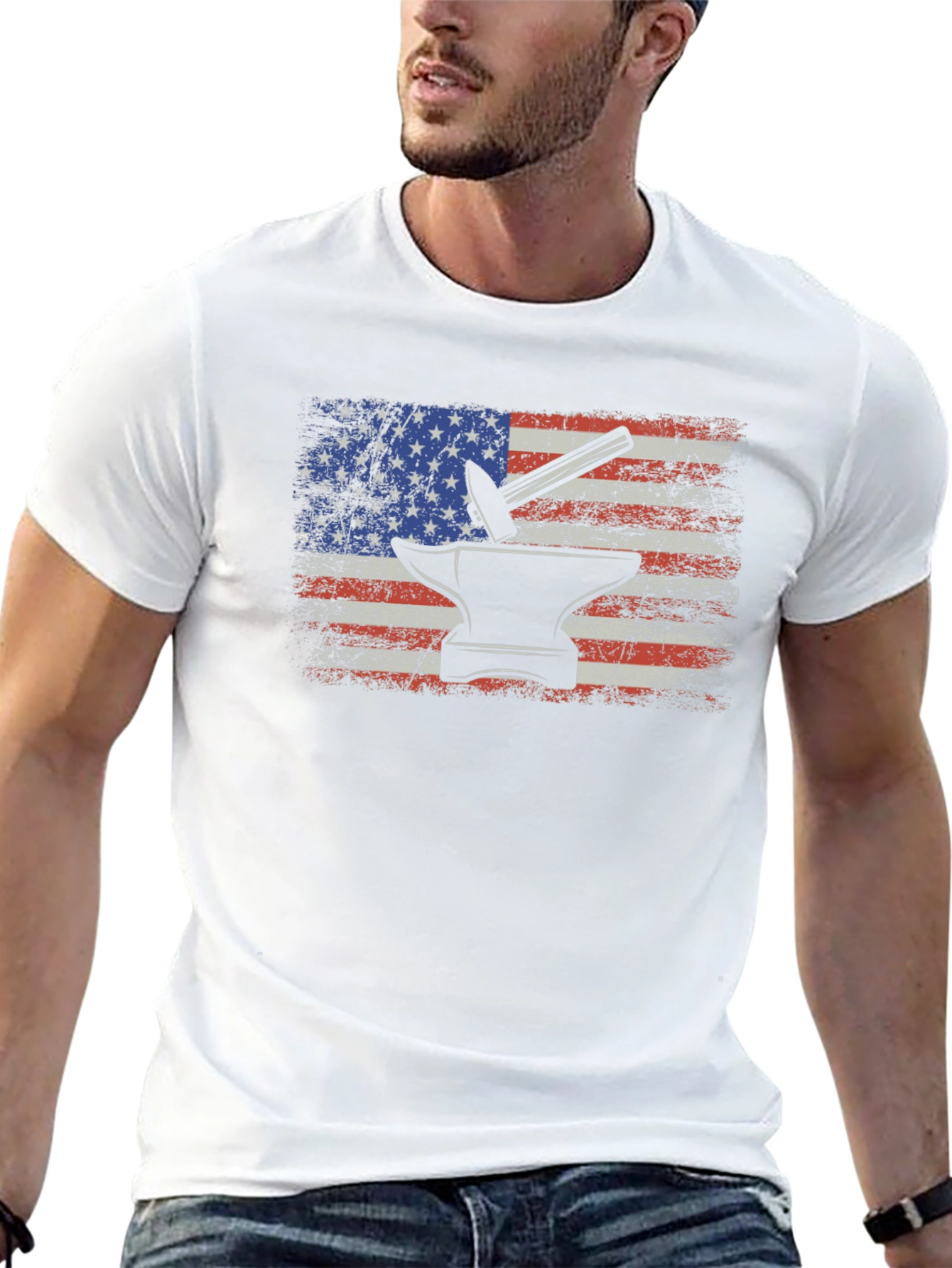 American Flag Blacksmith T-Shirt - Patriotic Anvil Hammer Tee - 13