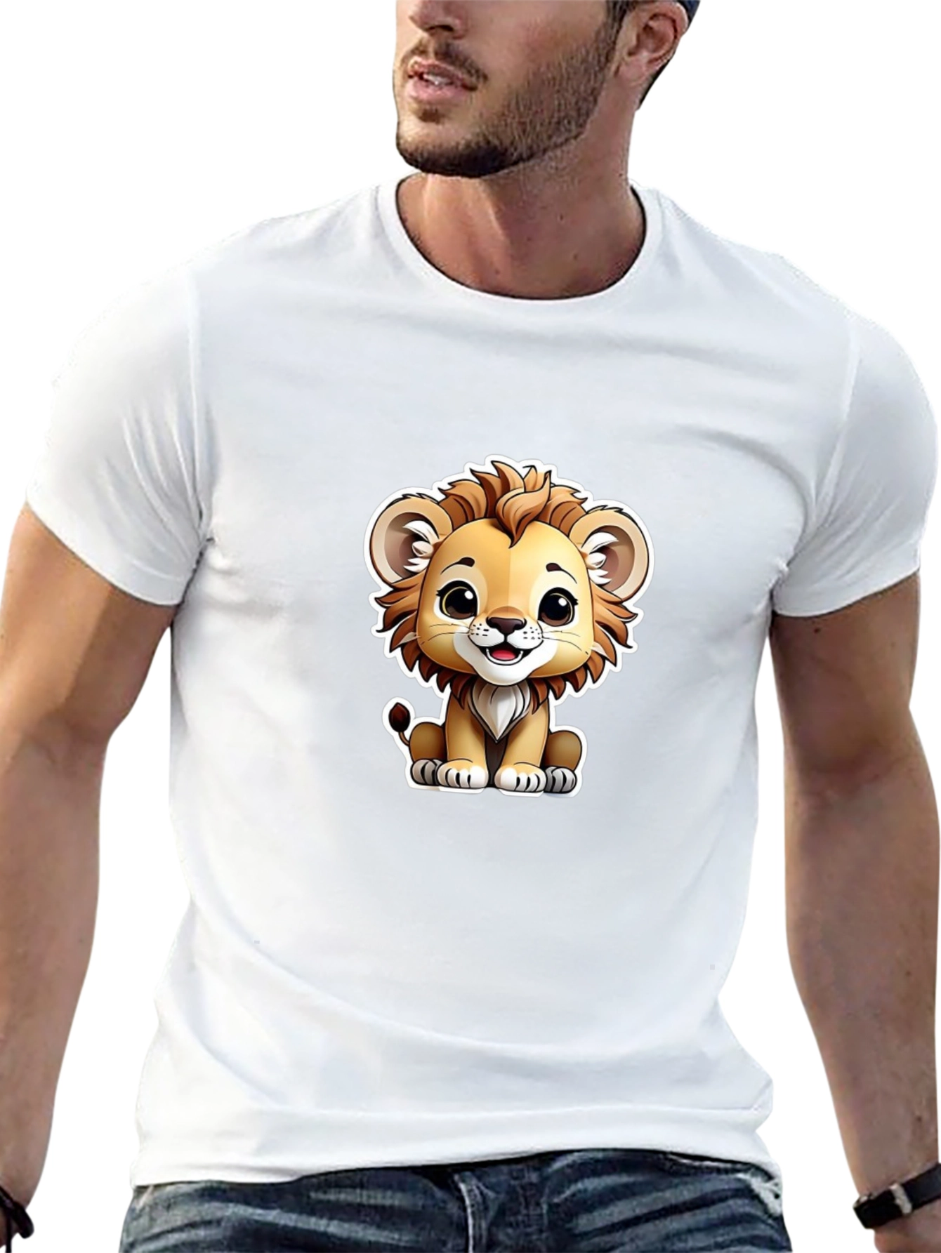 Black Cute Lion Graphic Tee - Black Cotton T-Shirt view 13