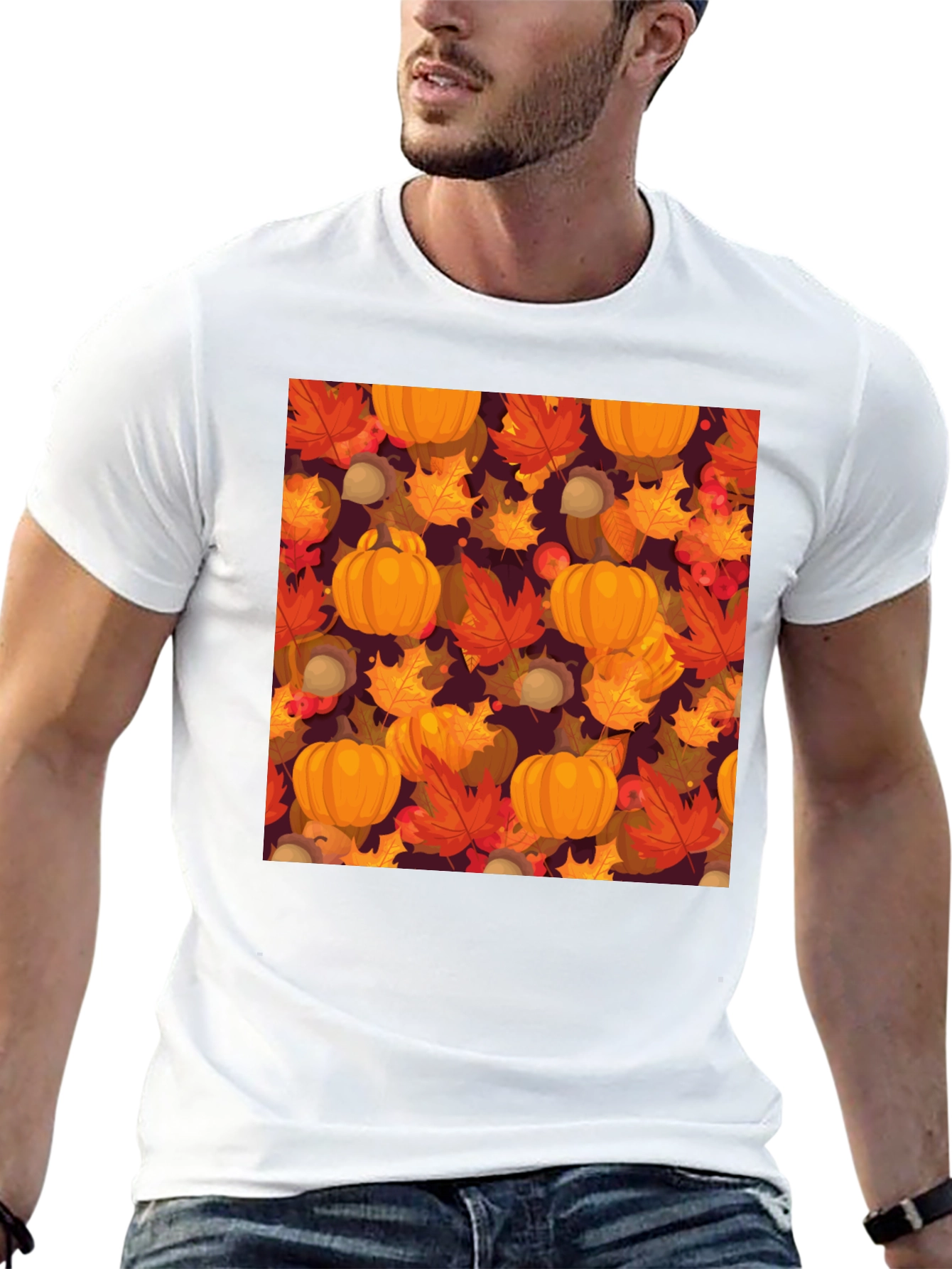 Fall Harvest T-Shirt: Pumpkins & Autumn Leaves Pattern - 13