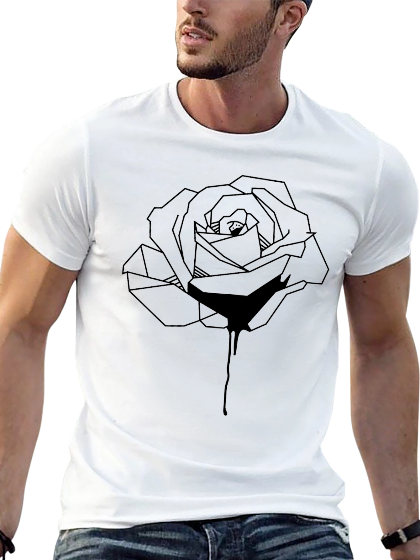 Black Geometric Rose Graphic Tee - Stylish Men's Black T-Shirt view 13