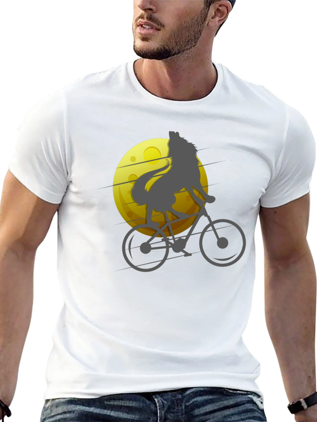 Black Wolf Riding Bike T-Shirt - Moon Graphic Tee view 13