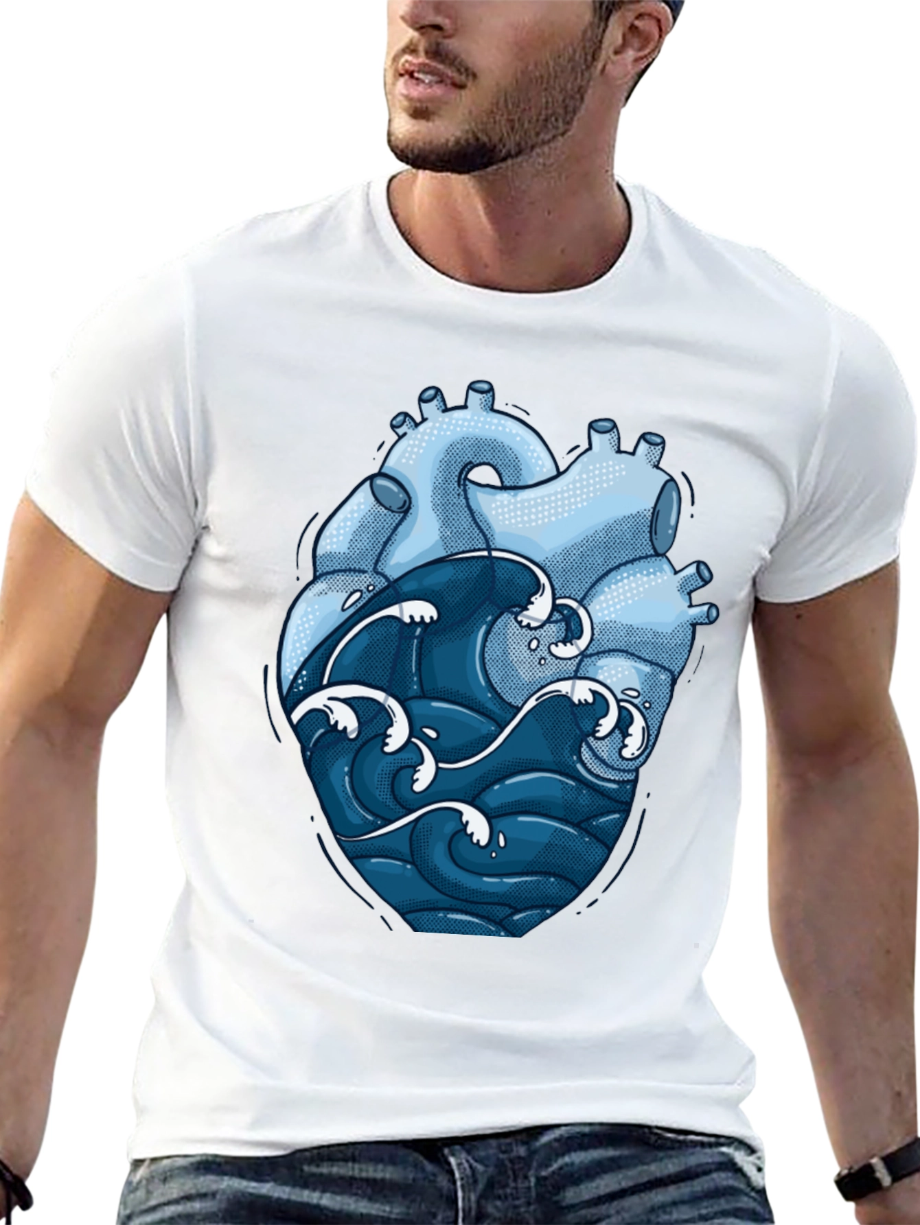Black Anatomical Heart & Ocean Wave Graphic Tee view 13