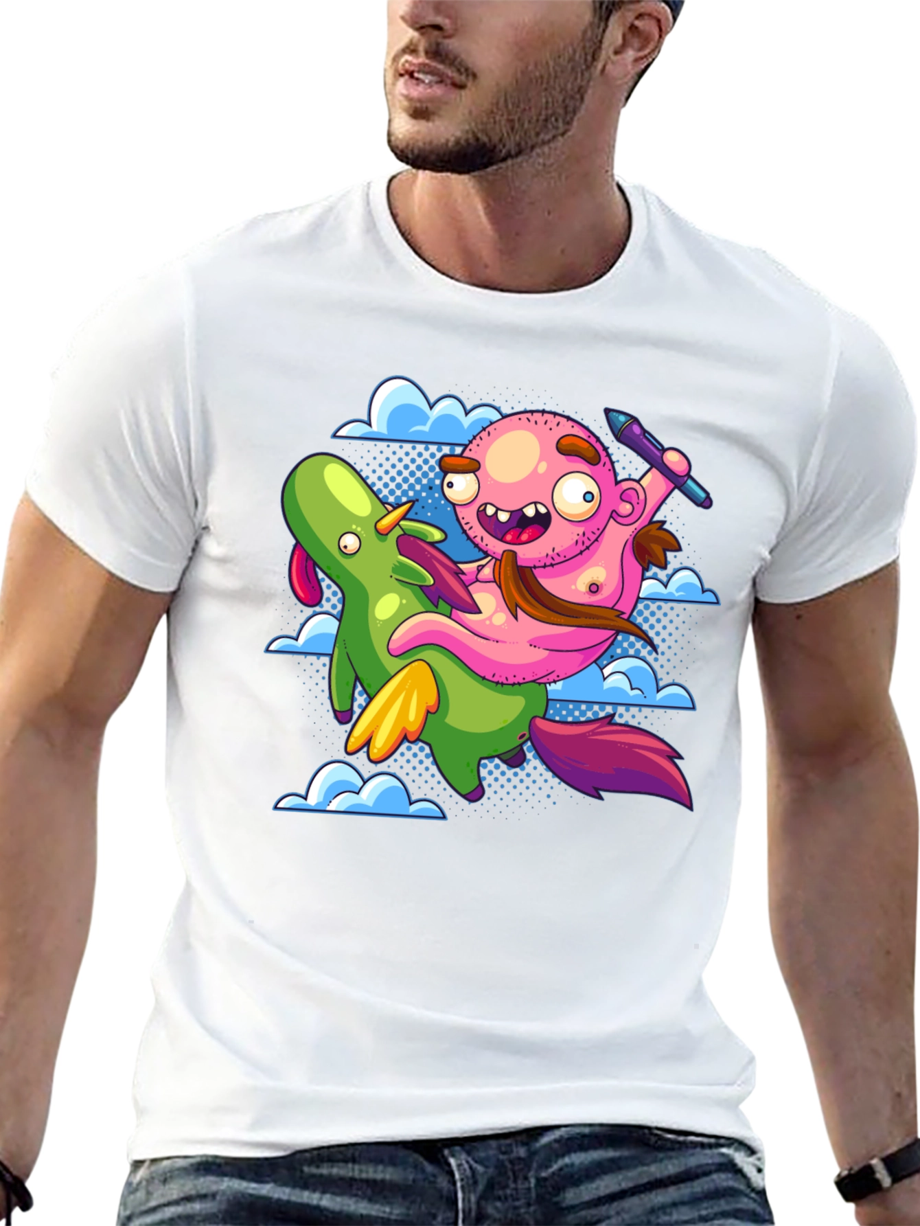 Black Cartoon Artist Riding Unicorn T-Shirt view 13