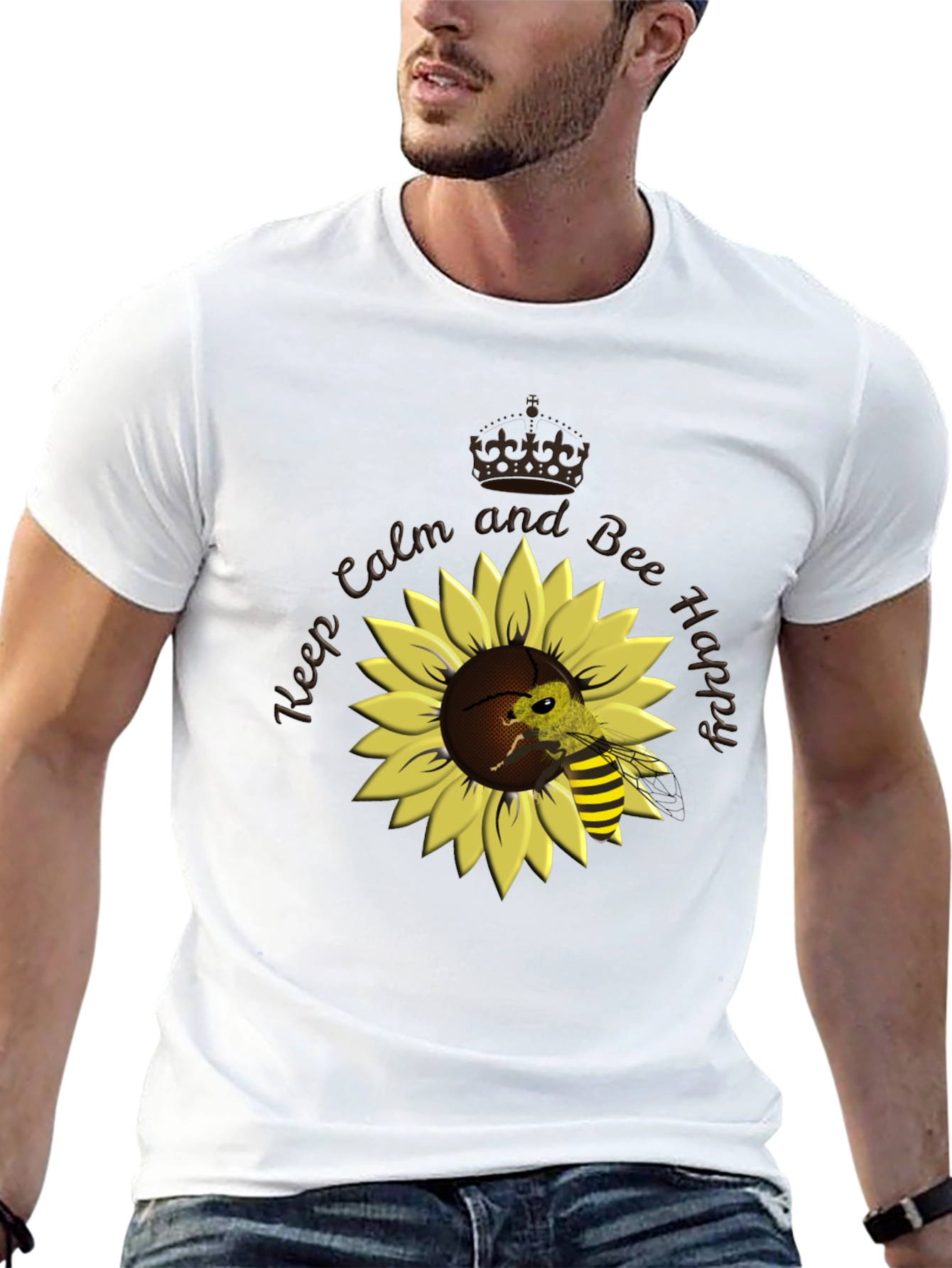 Black Keep Calm and Bee Happy Sunflower T-Shirt view 13