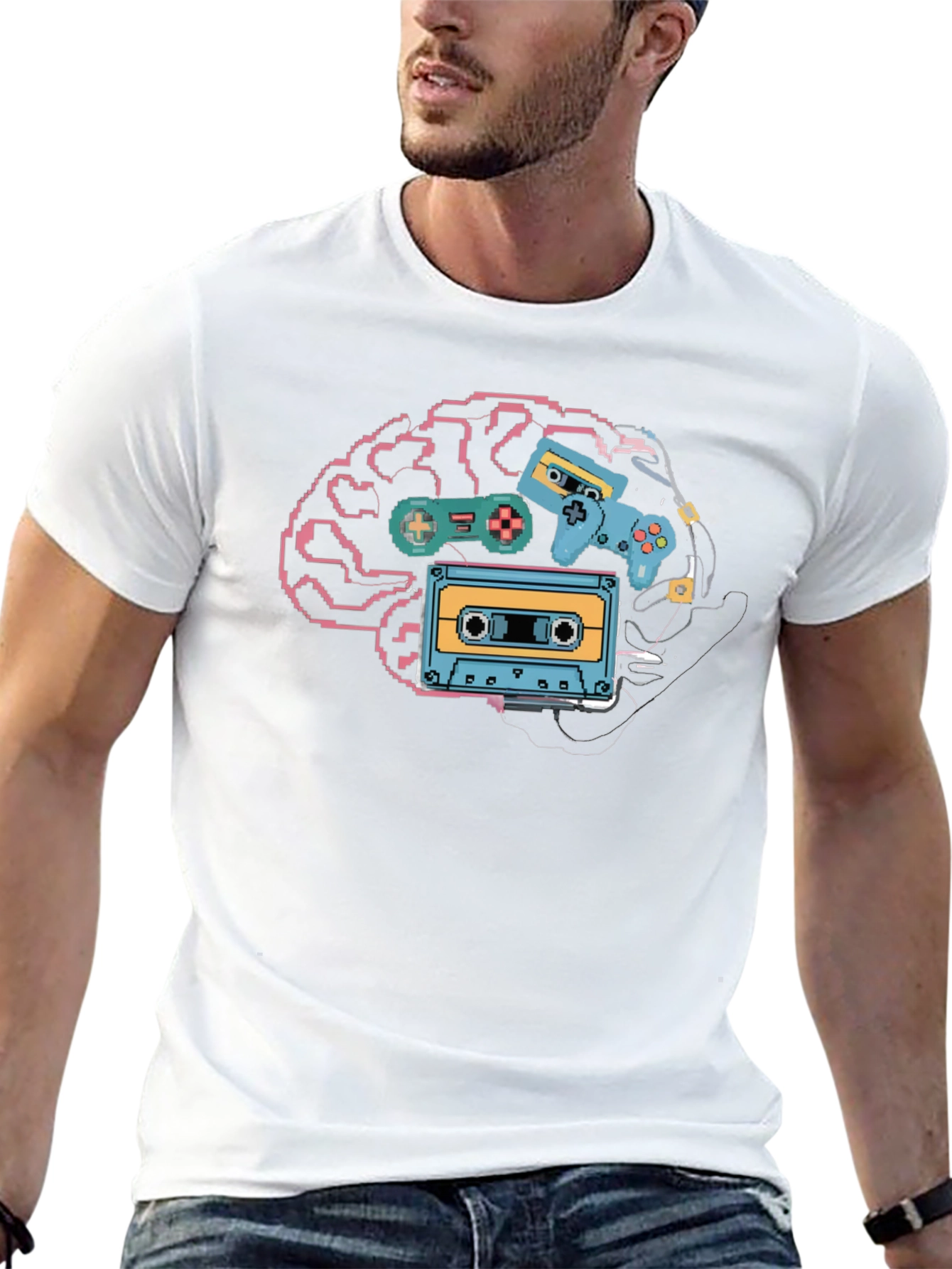 Black Retro Gamer Brain T-Shirt - Pixel Art Style view 13