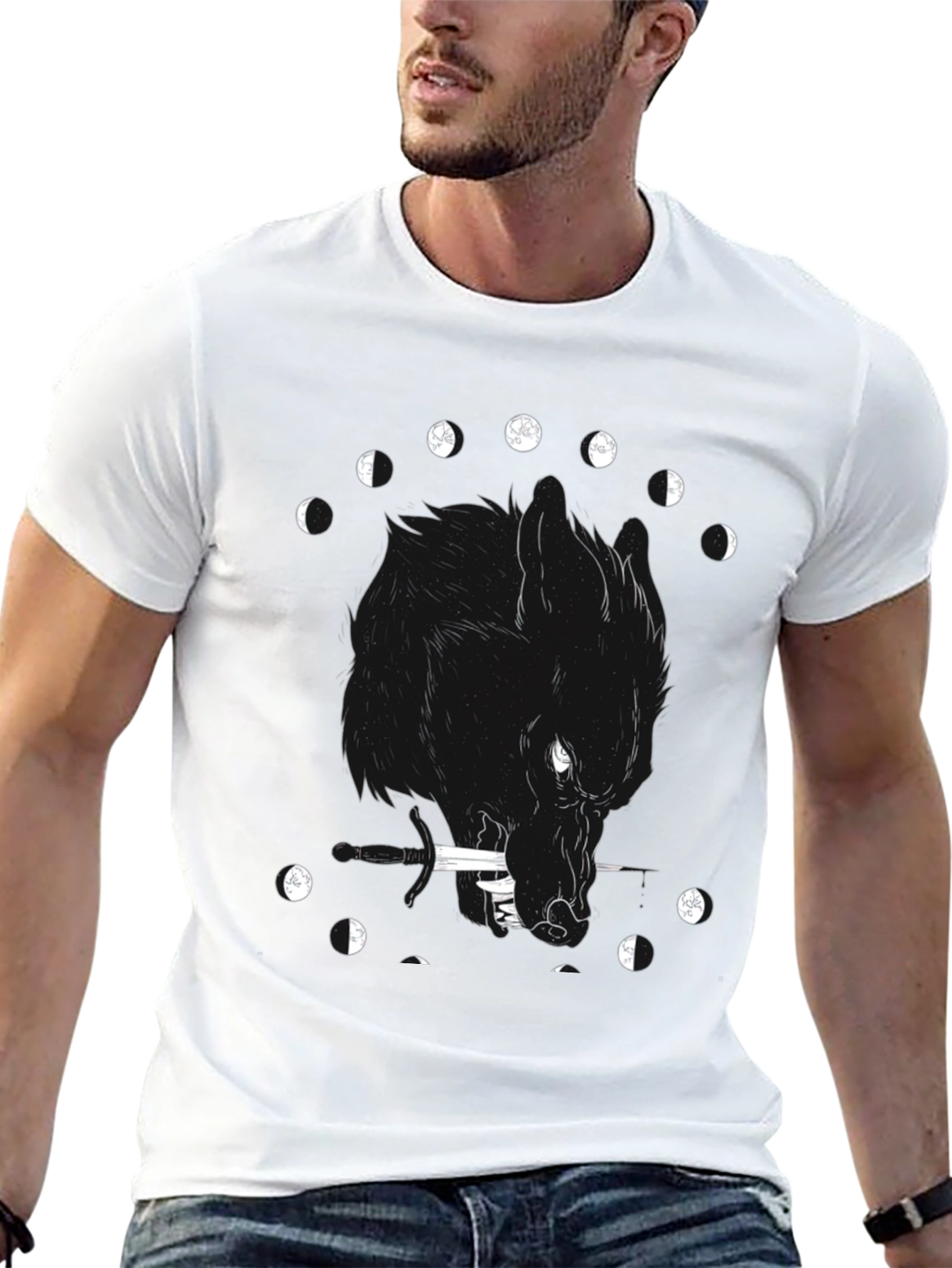 Black Wolf Moon Phases Graphic T-Shirt - Black Cotton Tee view 13