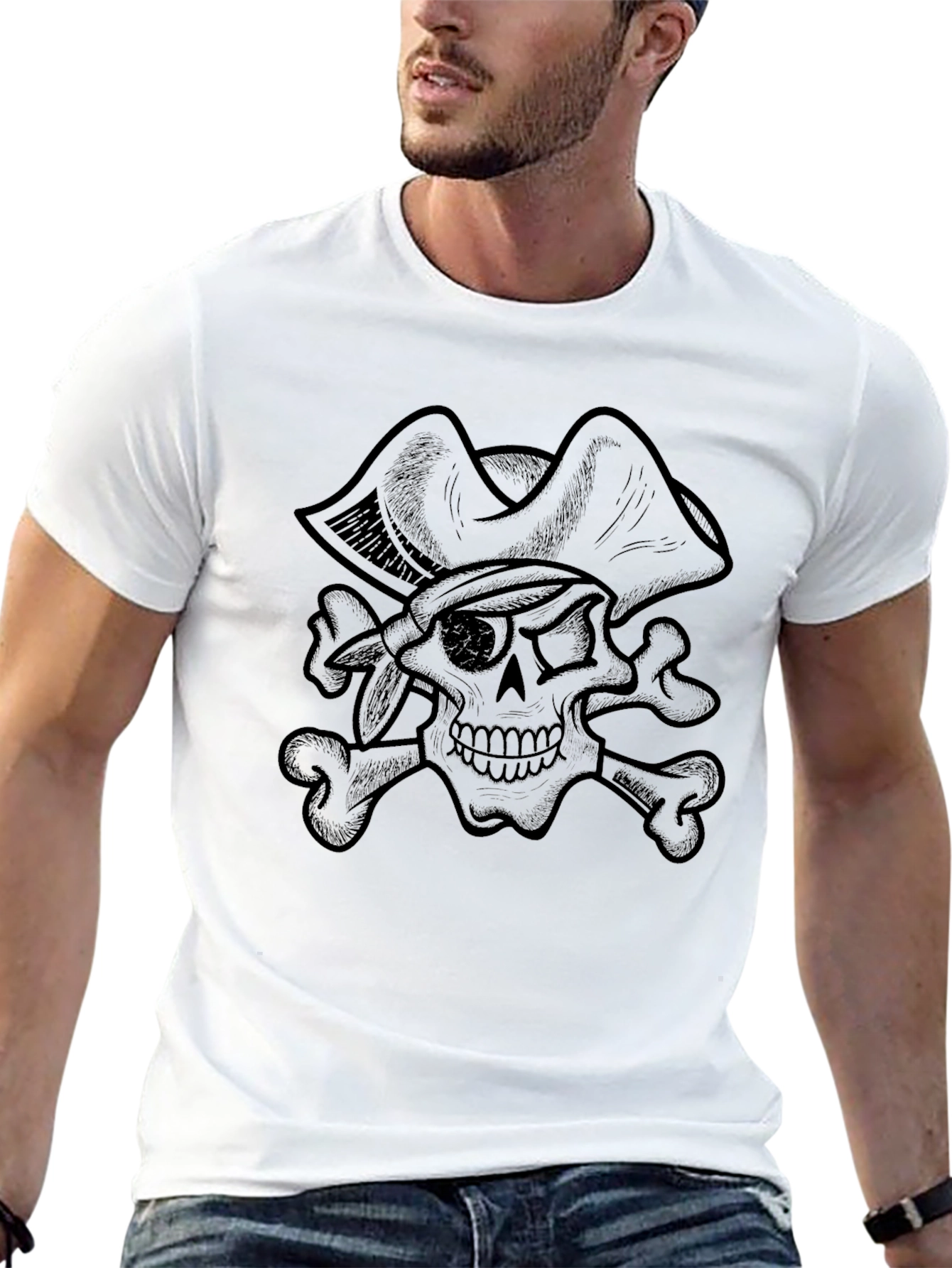 Black Pirate Skull Graphic Tee - Black Cotton T-Shirt view 13