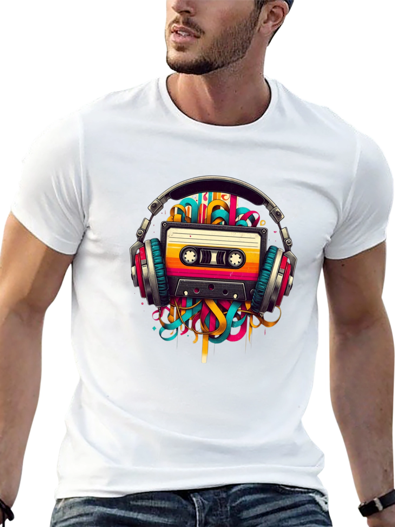 Black Retro Cassette Tape Headphones Graphic T-Shirt view 13