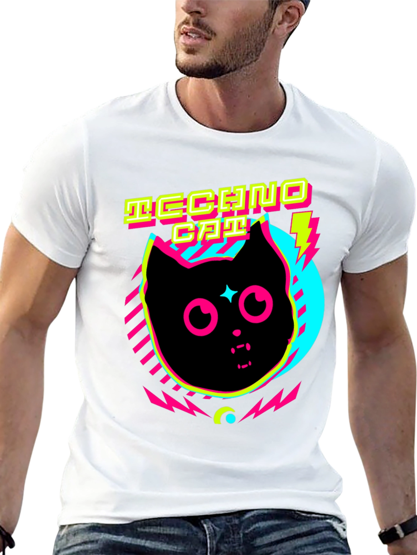 Black Techno Cat T-Shirt Neon Graphic Tee view 13