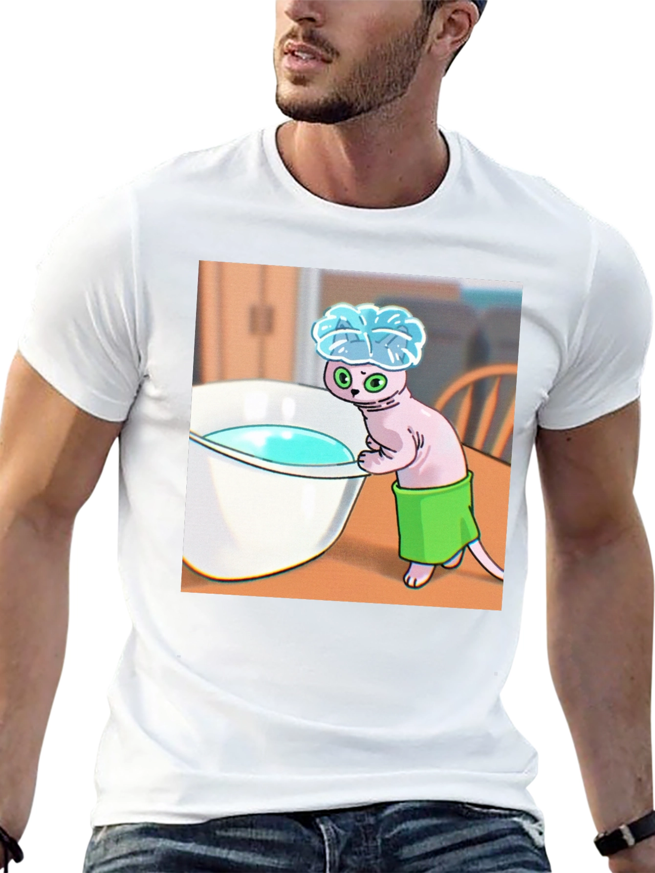 Black Cartoon Cat Bath T-Shirt - Funny Novelty Tee view 13
