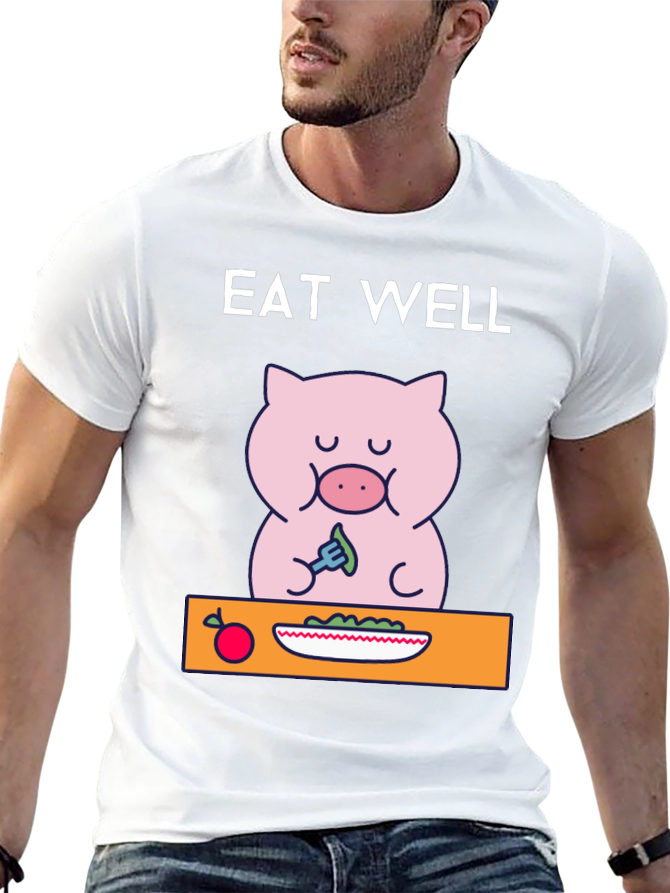 Black Eat Well Pig T-Shirt - Funny Cartoon Tee view 13