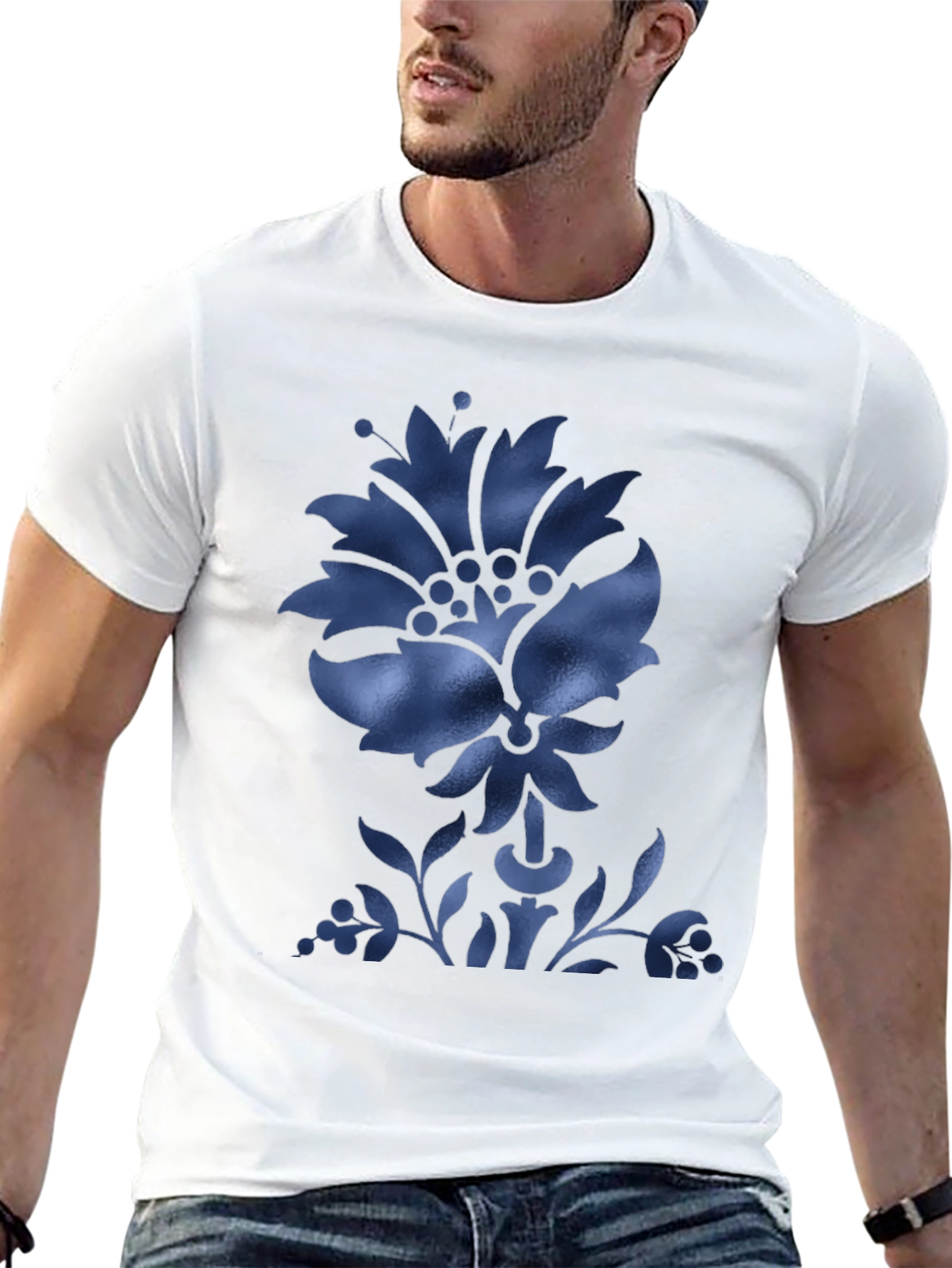 Black Men's Black T-Shirt with Blue Floral Design view 13
