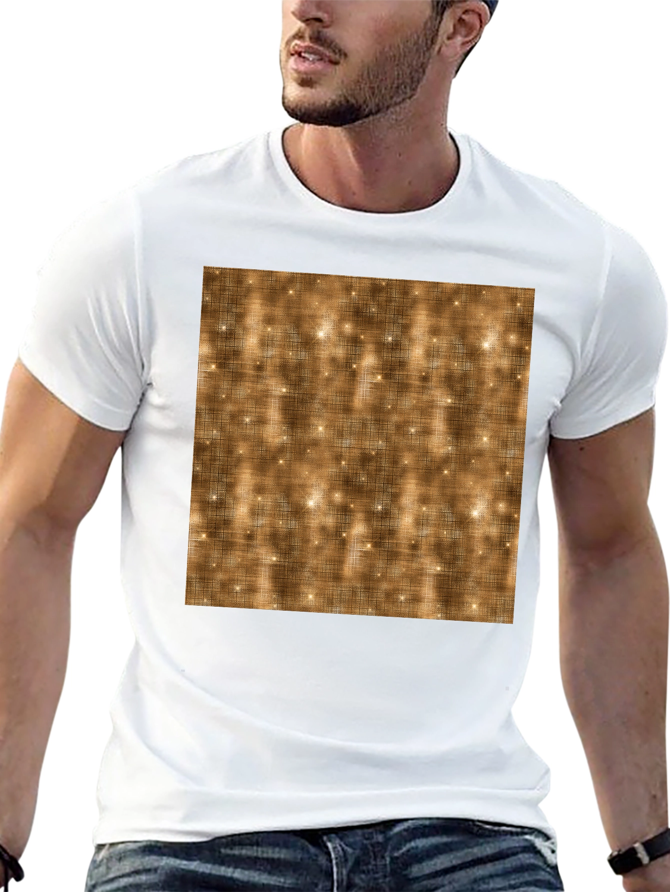 Black Men's Black T-Shirt with Abstract Gold Pattern view 13