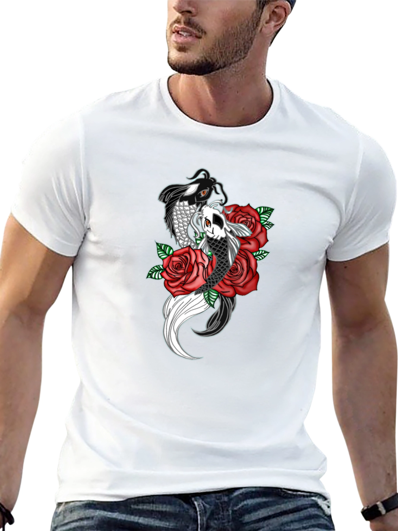 Black Koi Fish & Roses Graphic Print Black T-Shirt view 13