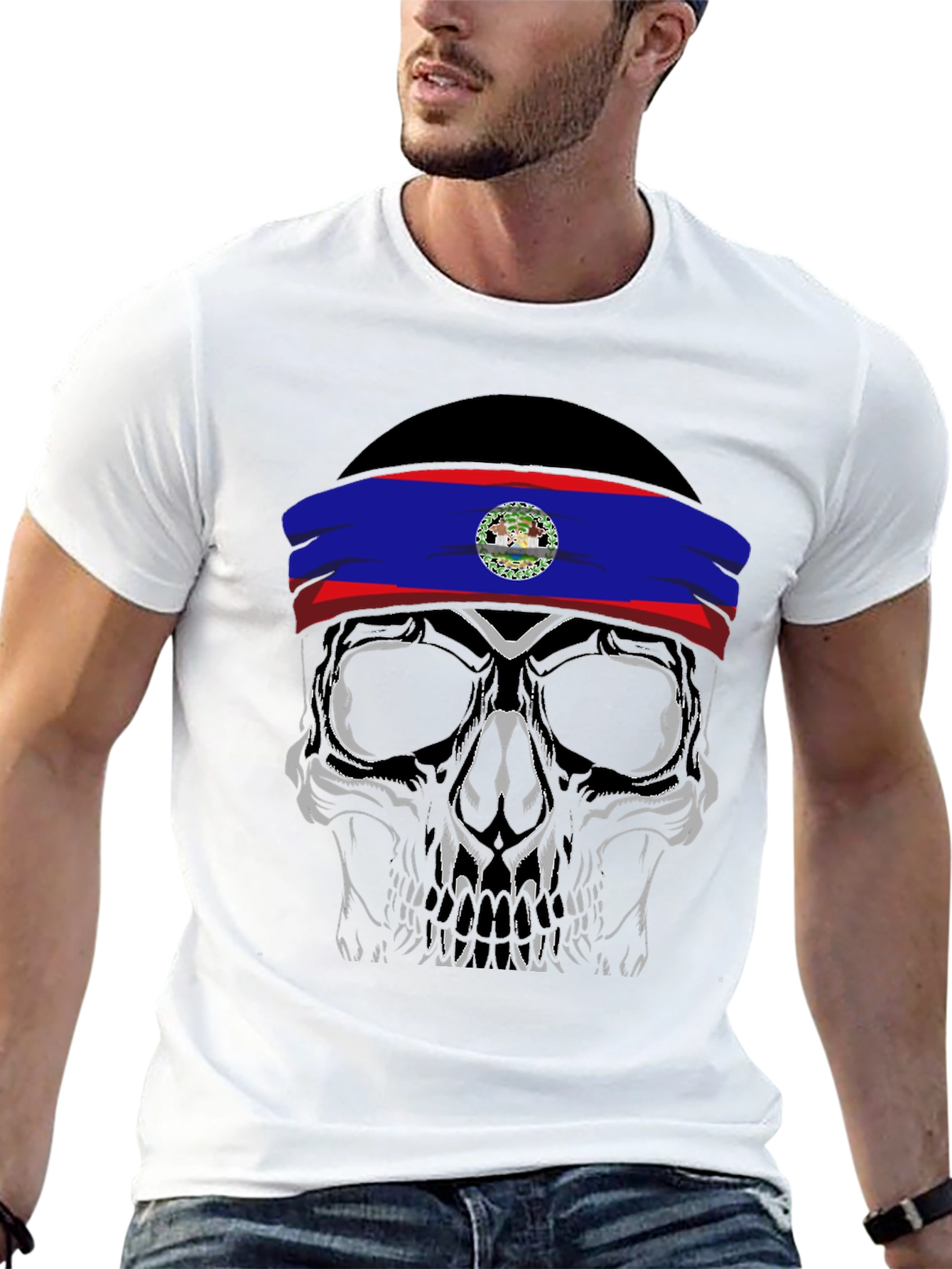 Black Skull with Belize Flag Headband T-Shirt view 13