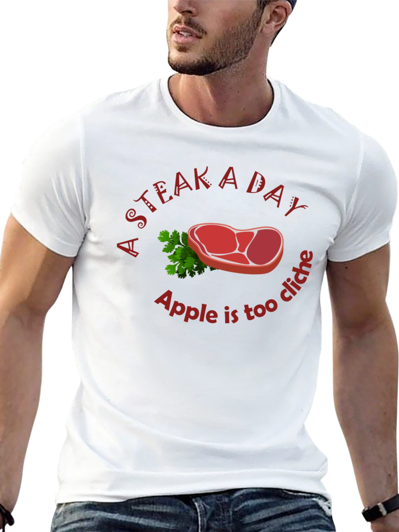Black Funny Steak a Day T-Shirt - Apple is too Cliche! view 13