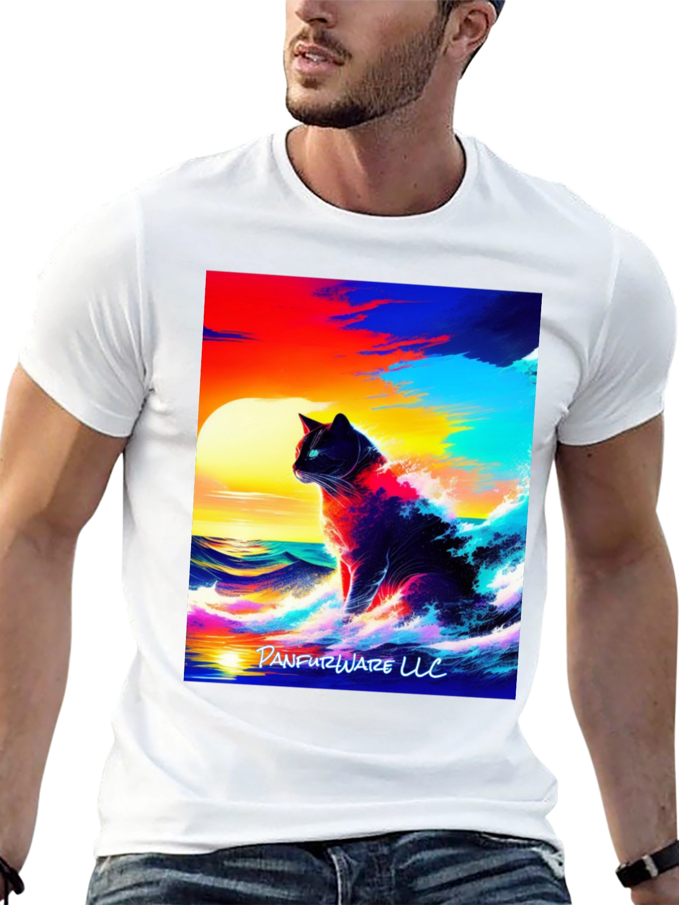 Black Cat Waves T-Shirt - Artistic Sunset Design view 13