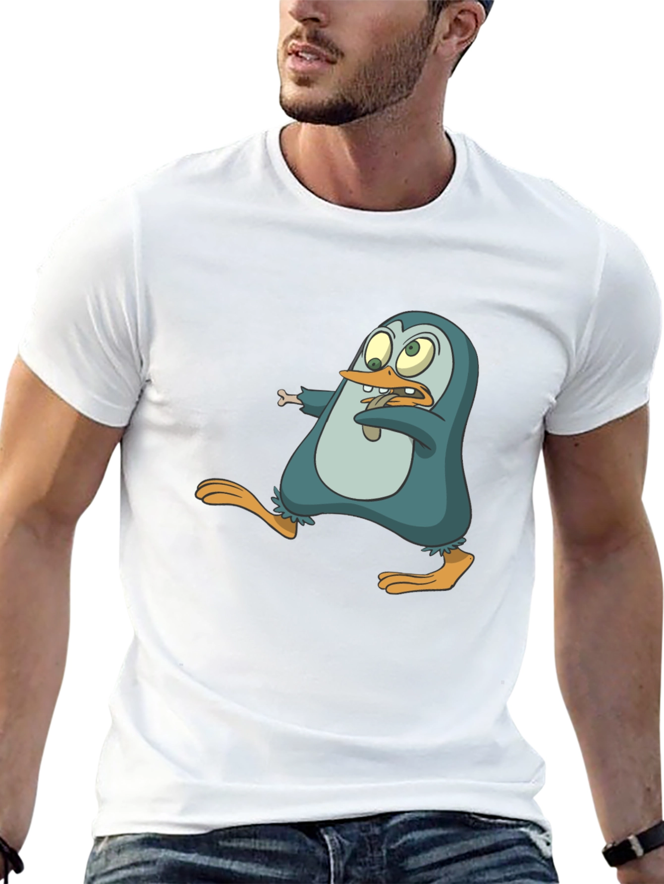 Black Cartoon Penguin Graphic Tee - Men's Black T-Shirt view 13