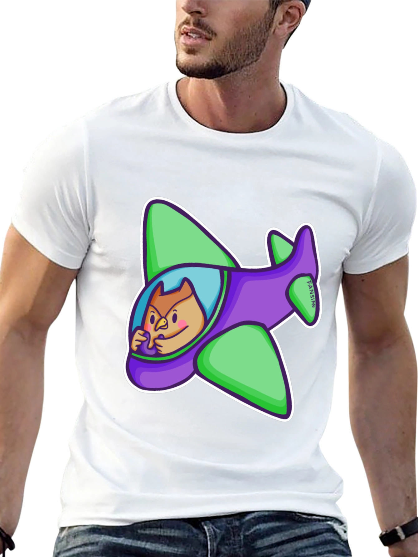 Black Cartoon Owl in Plane Graphic T-Shirt view 13