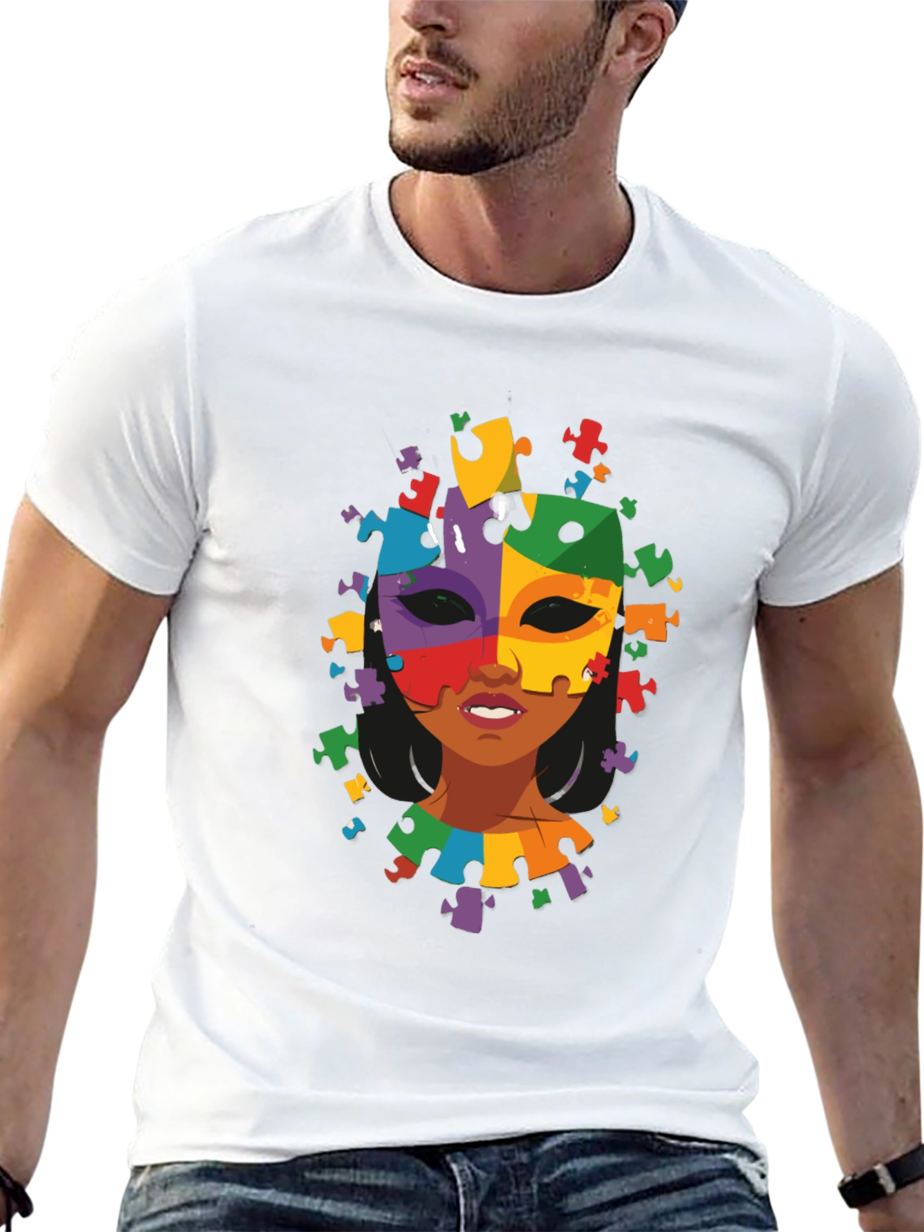 Black Autism Awareness Puzzle Piece Mask Tee view 13