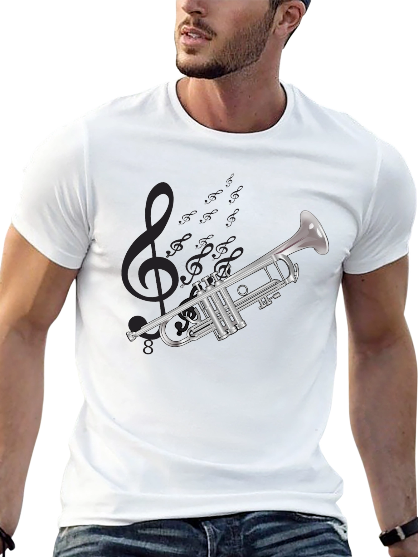 Black Musical Trumpet Graphic T-Shirt - Black Cotton Tee view 13