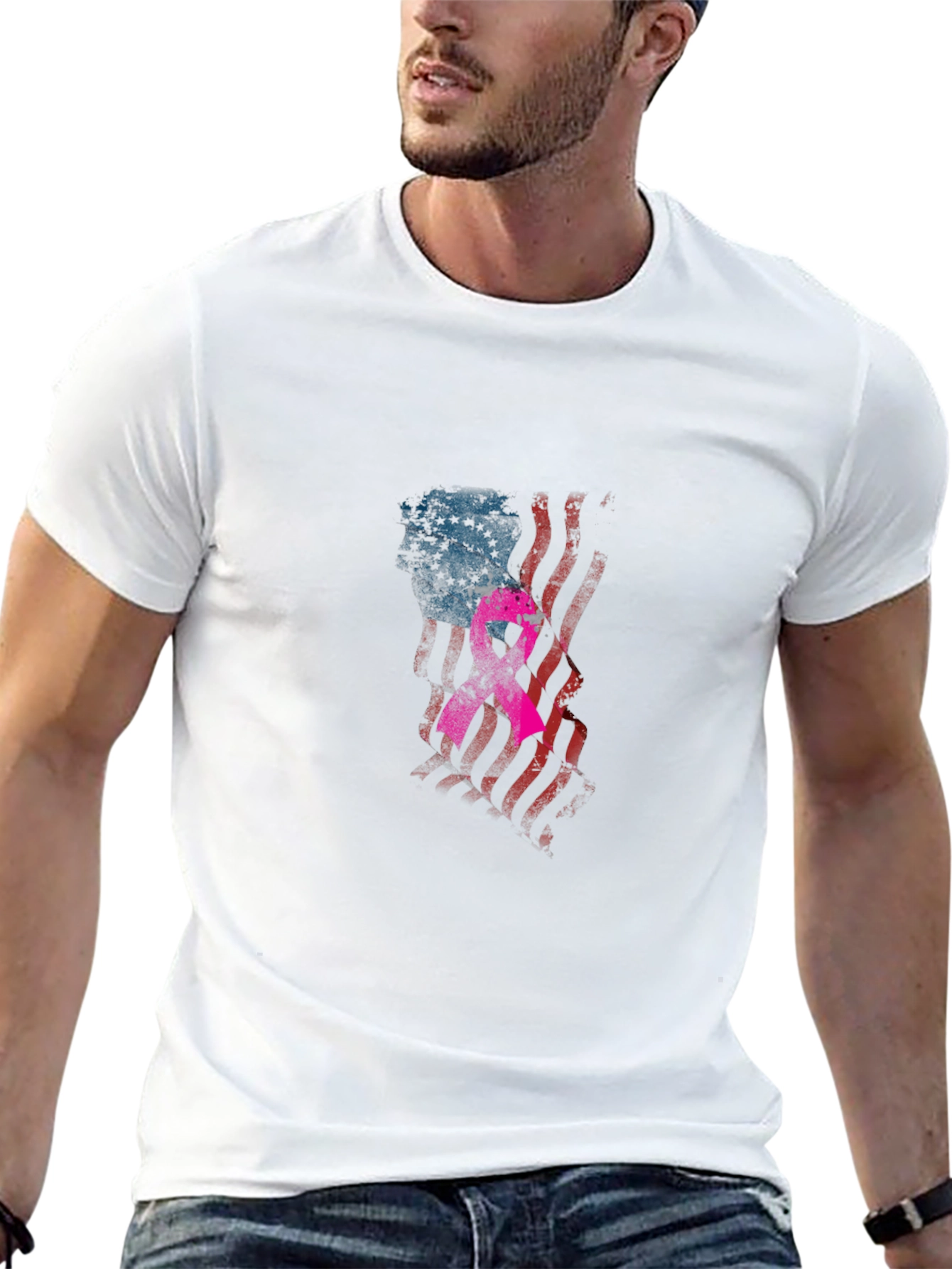 Black Patriotic Breast Cancer Awareness T-Shirt view 13