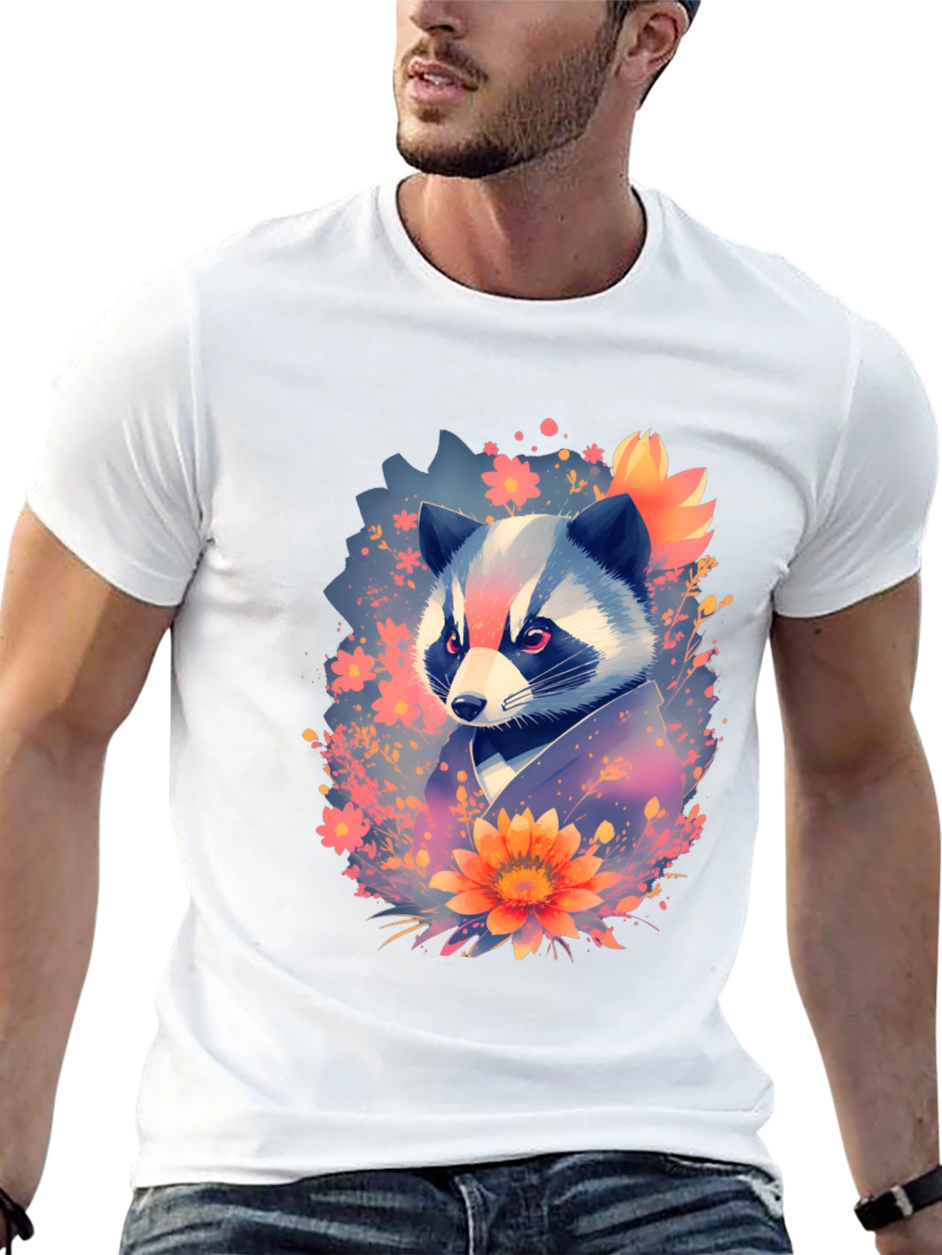 Black Floral Raccoon Graphic Black T-Shirt view 13