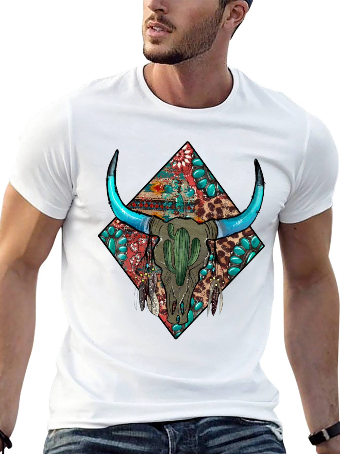Black Boho Bull Skull Graphic Tee - Western Style view 13